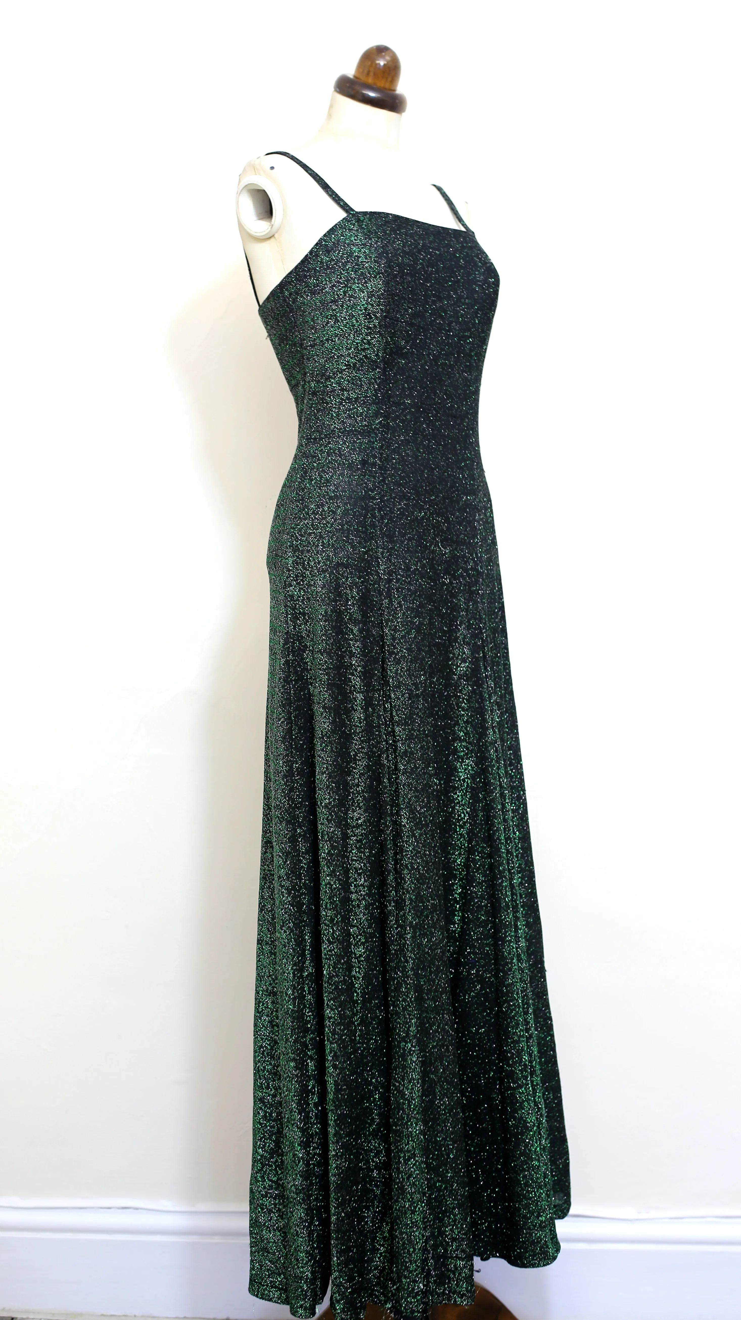 Vintage 1970s Green Lurex Flared Maxi Dress