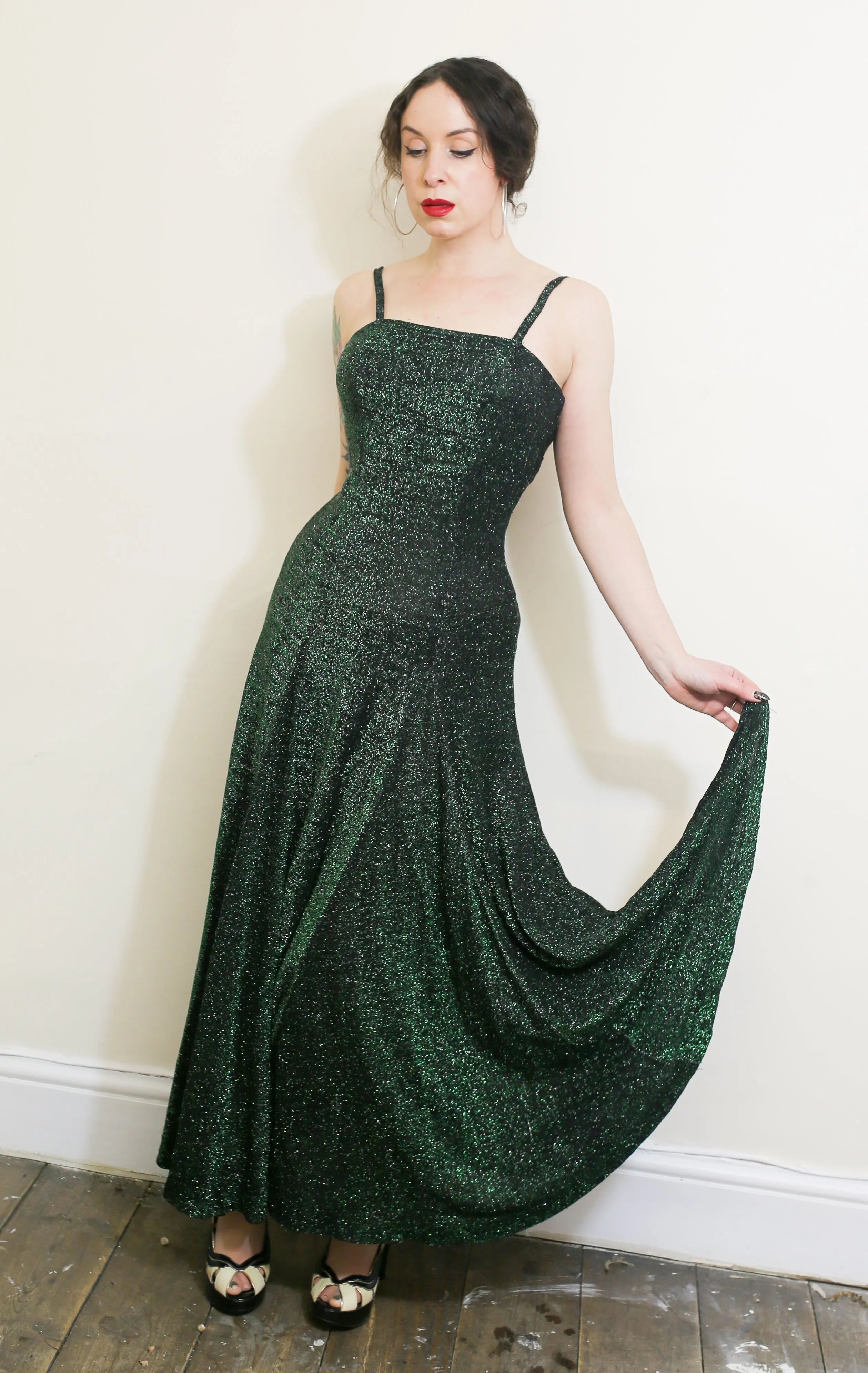 Vintage 1970s Green Lurex Flared Maxi Dress