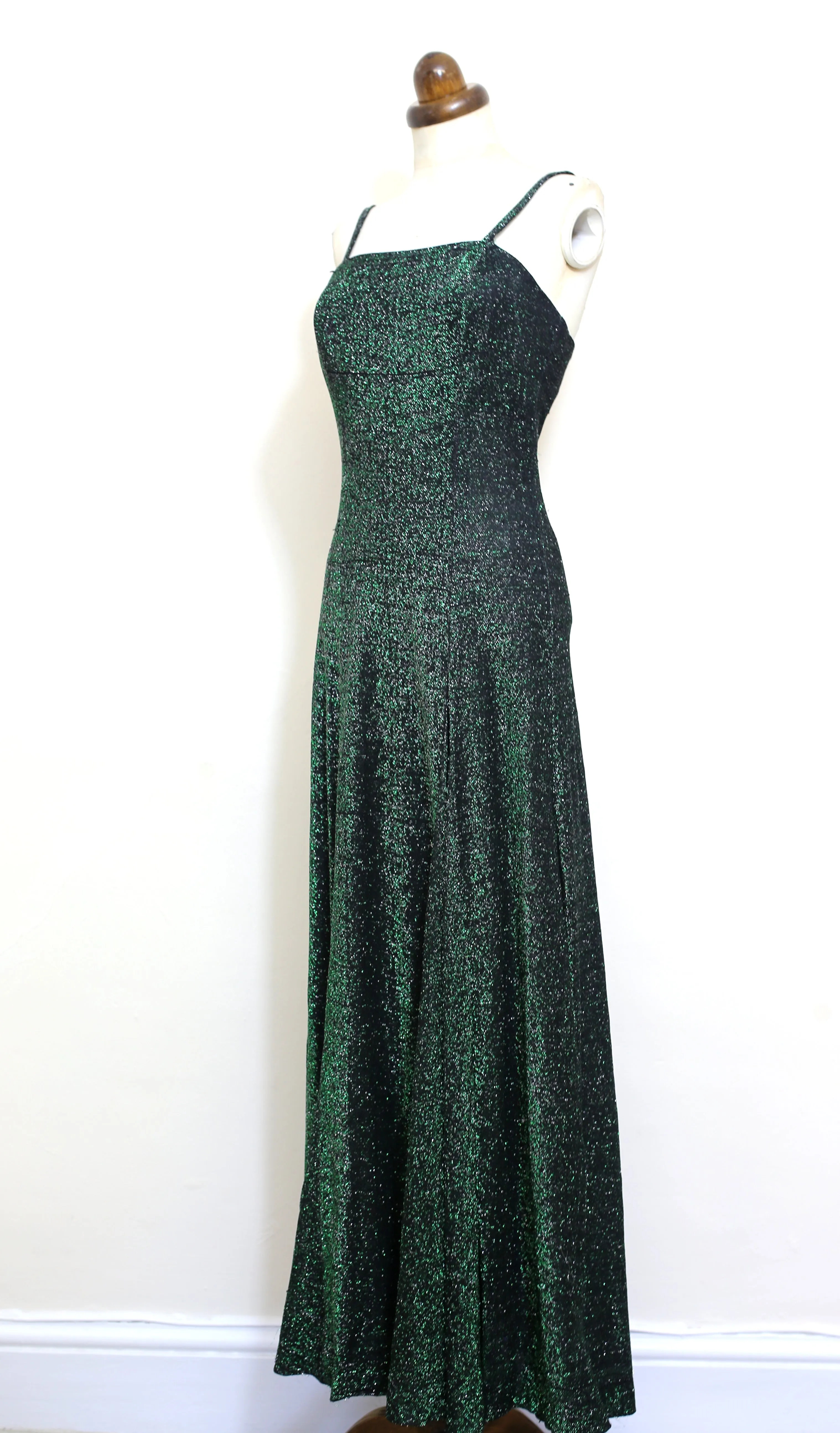 Vintage 1970s Green Lurex Flared Maxi Dress