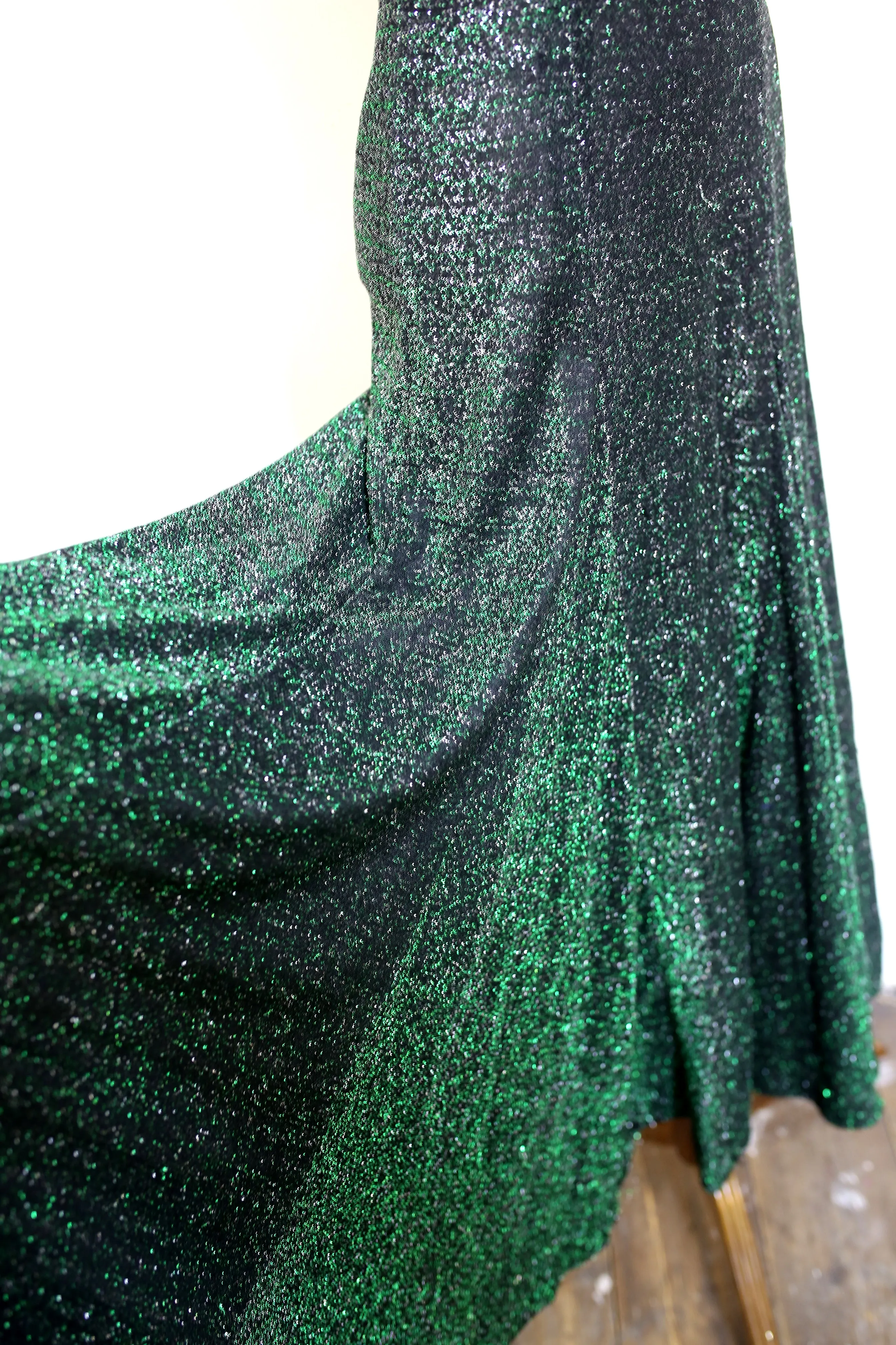 Vintage 1970s Green Lurex Flared Maxi Dress