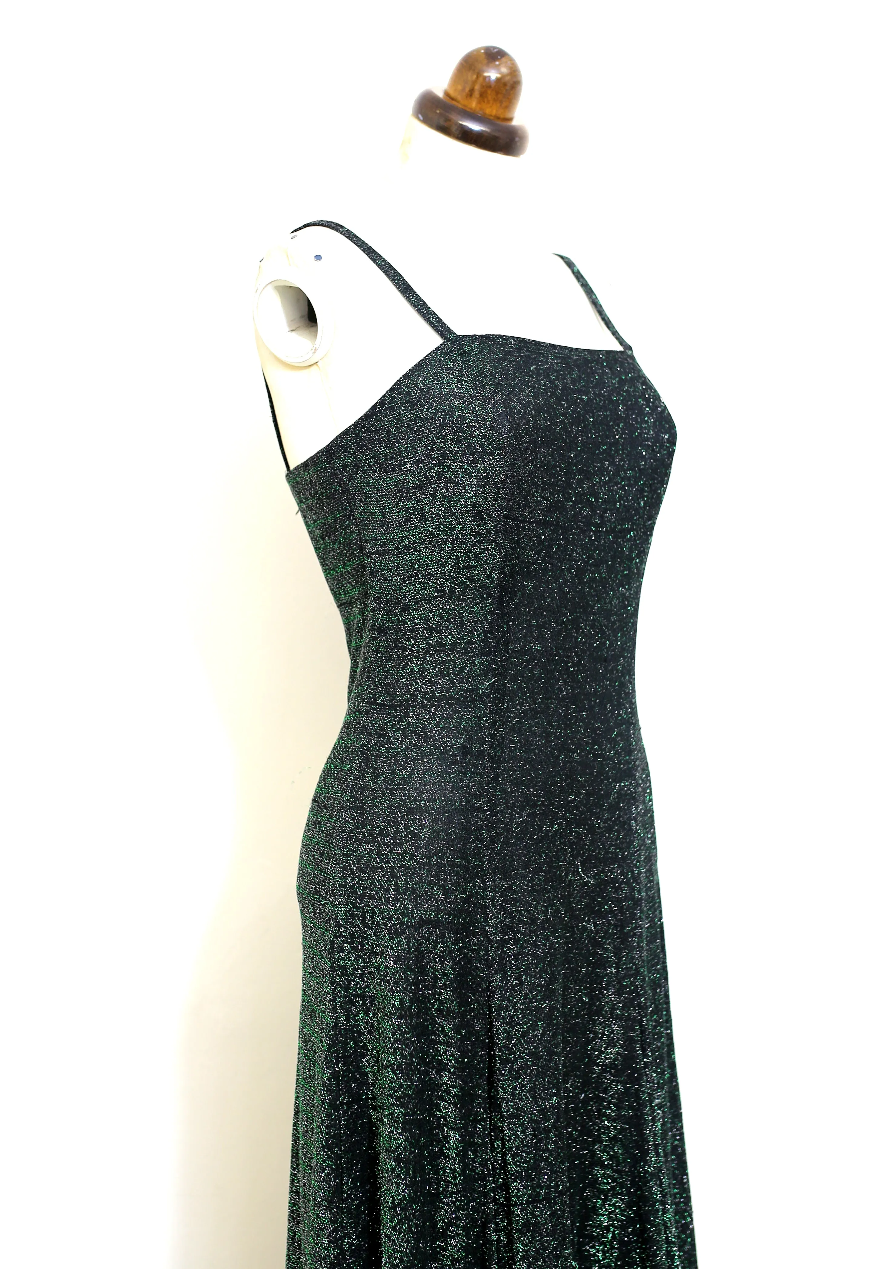 Vintage 1970s Green Lurex Flared Maxi Dress