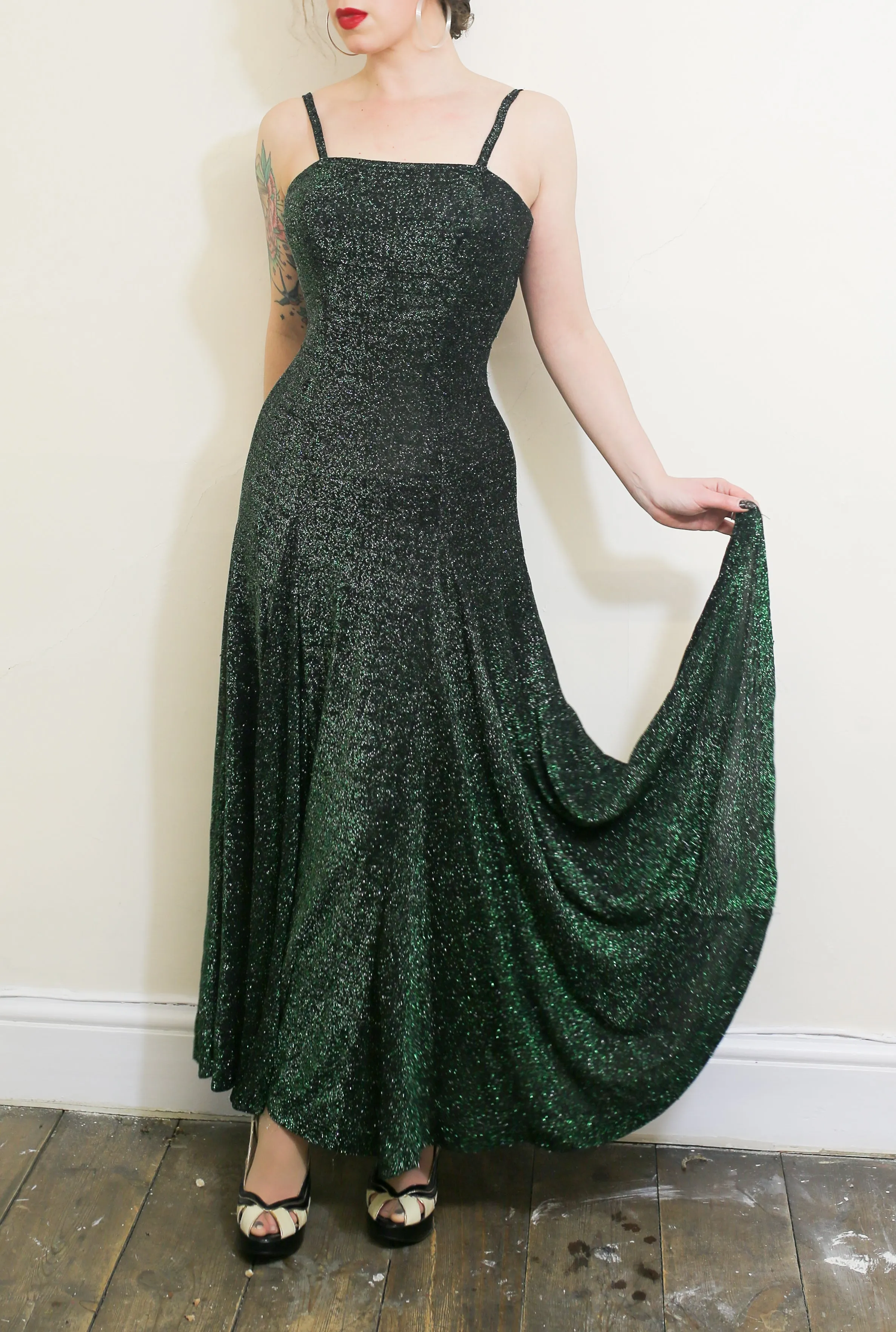 Vintage 1970s Green Lurex Flared Maxi Dress