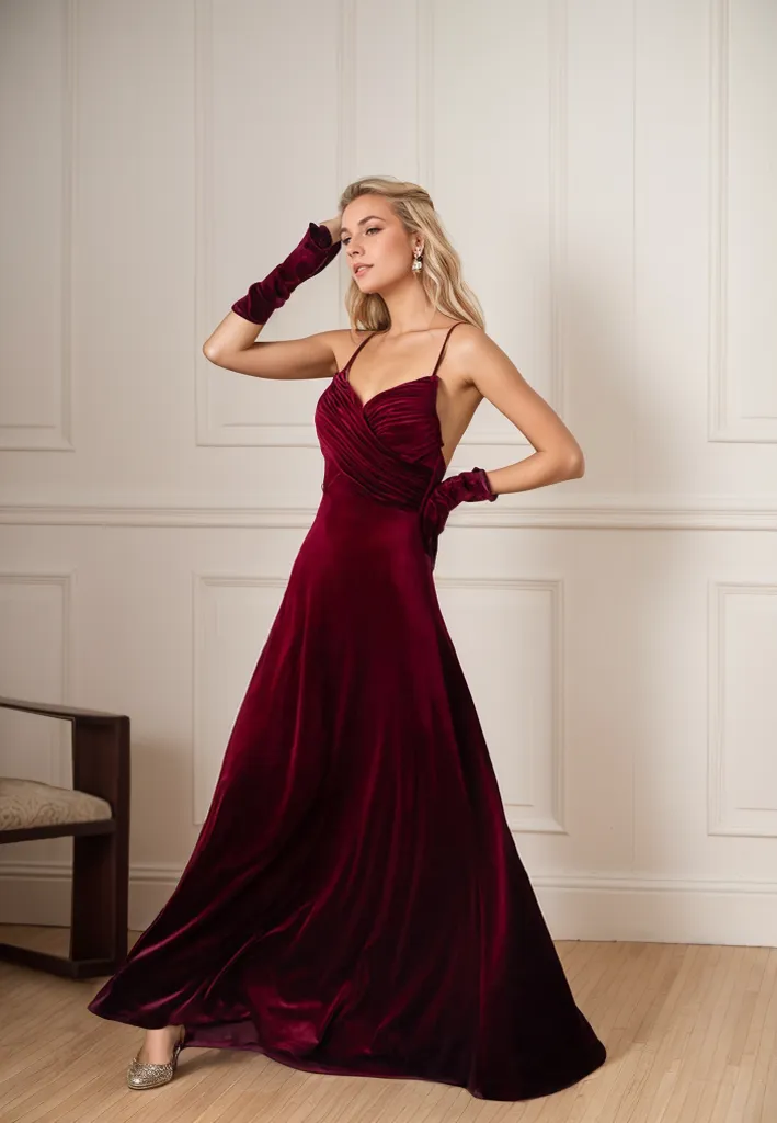 Vintage Spaghetti-straps ruched chest crisscross back A-line velvet prom dress