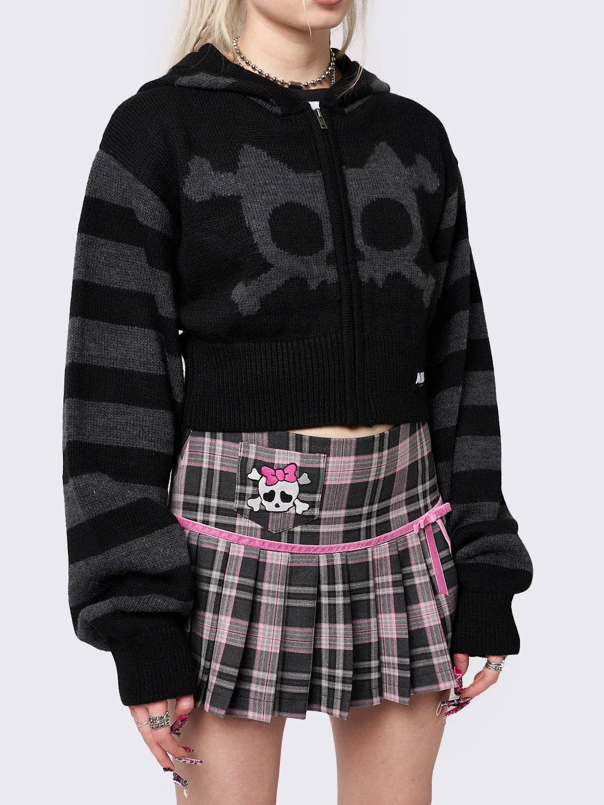 Whiskered Skull Cropped Knit Zip Up Hoodie