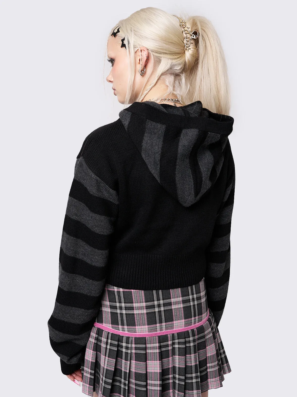 Whiskered Skull Cropped Knit Zip Up Hoodie