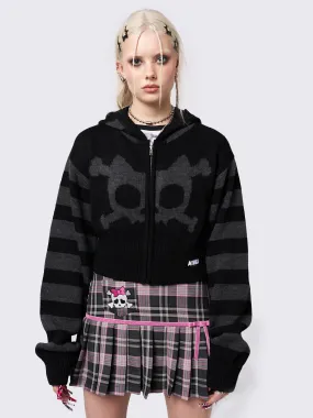 Whiskered Skull Cropped Knit Zip Up Hoodie