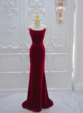 Wine Red Velvet Straps Cross Back Long Party Dress, Wine Red Velvet Prom Dress