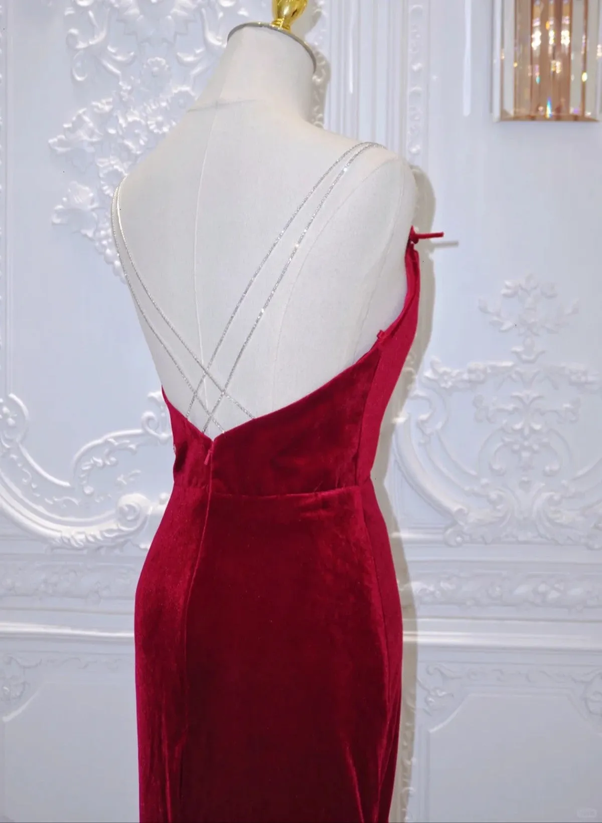 Wine Red Velvet Straps Cross Back Long Party Dress, Wine Red Velvet Prom Dress