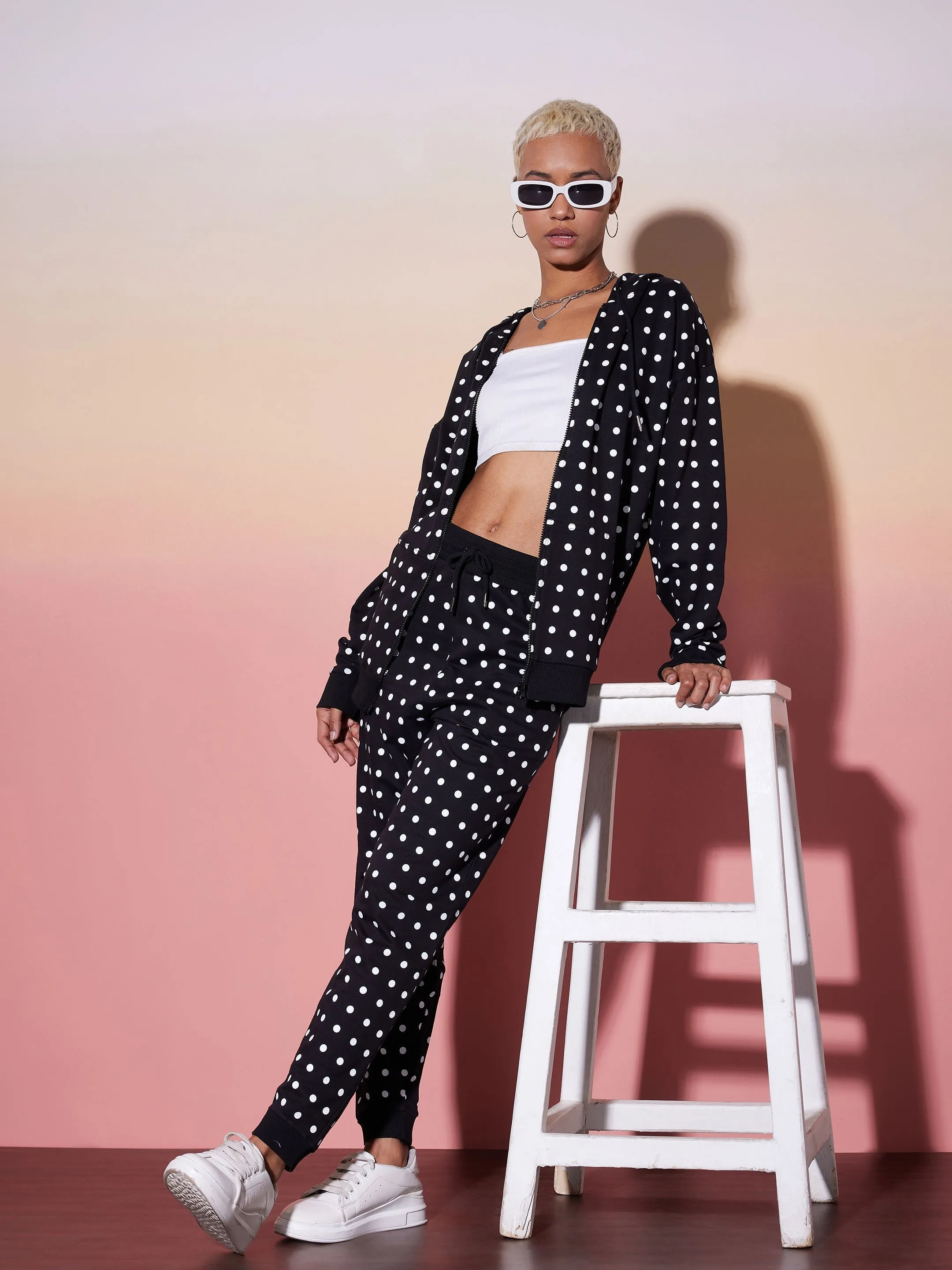 Women Black & White Polka Hoodie With Jogger