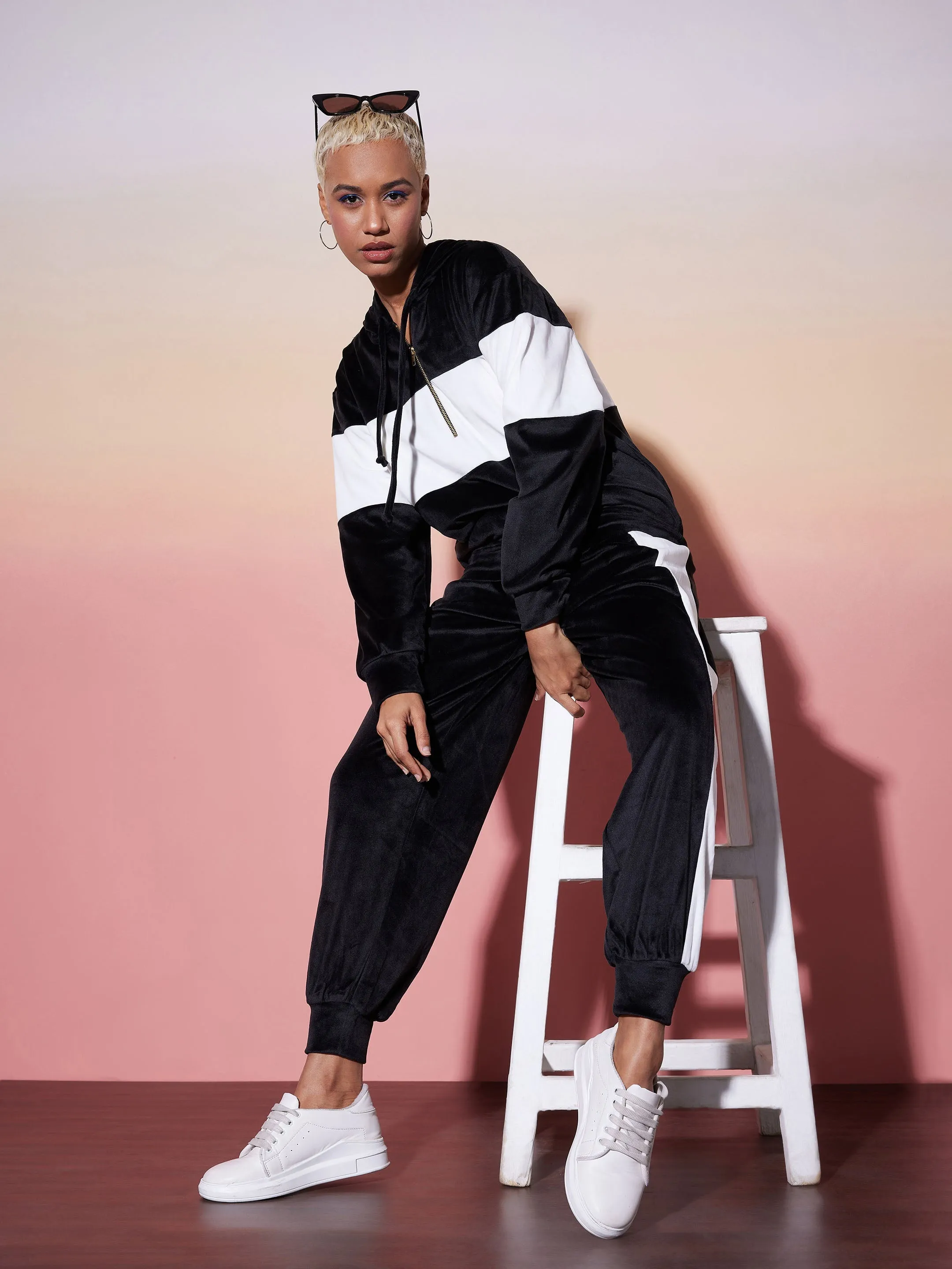 Women Black & White Velour Hoodie With Jogger