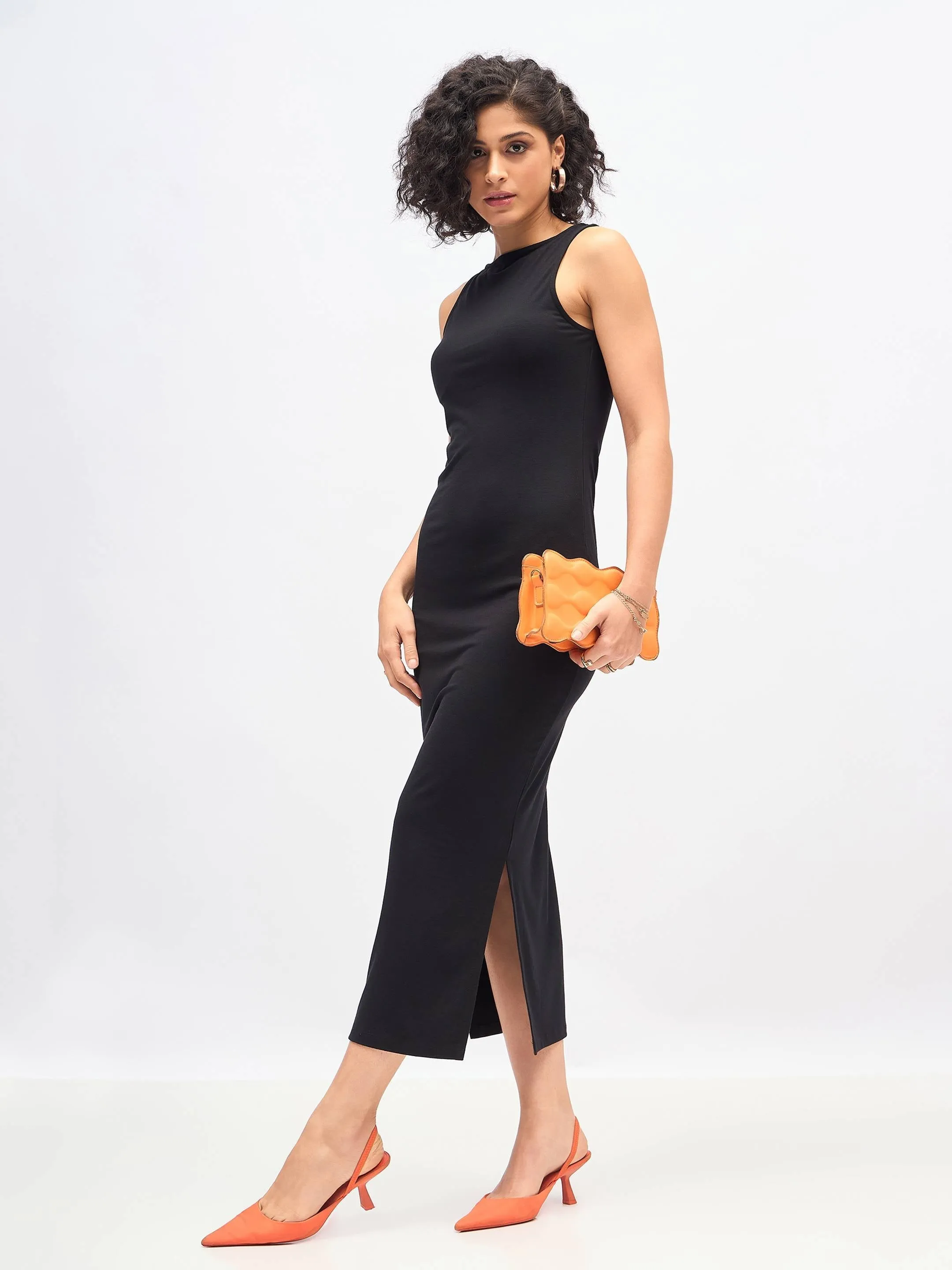 Women Black Boat Neck Bodycon Jersey Maxi Dress