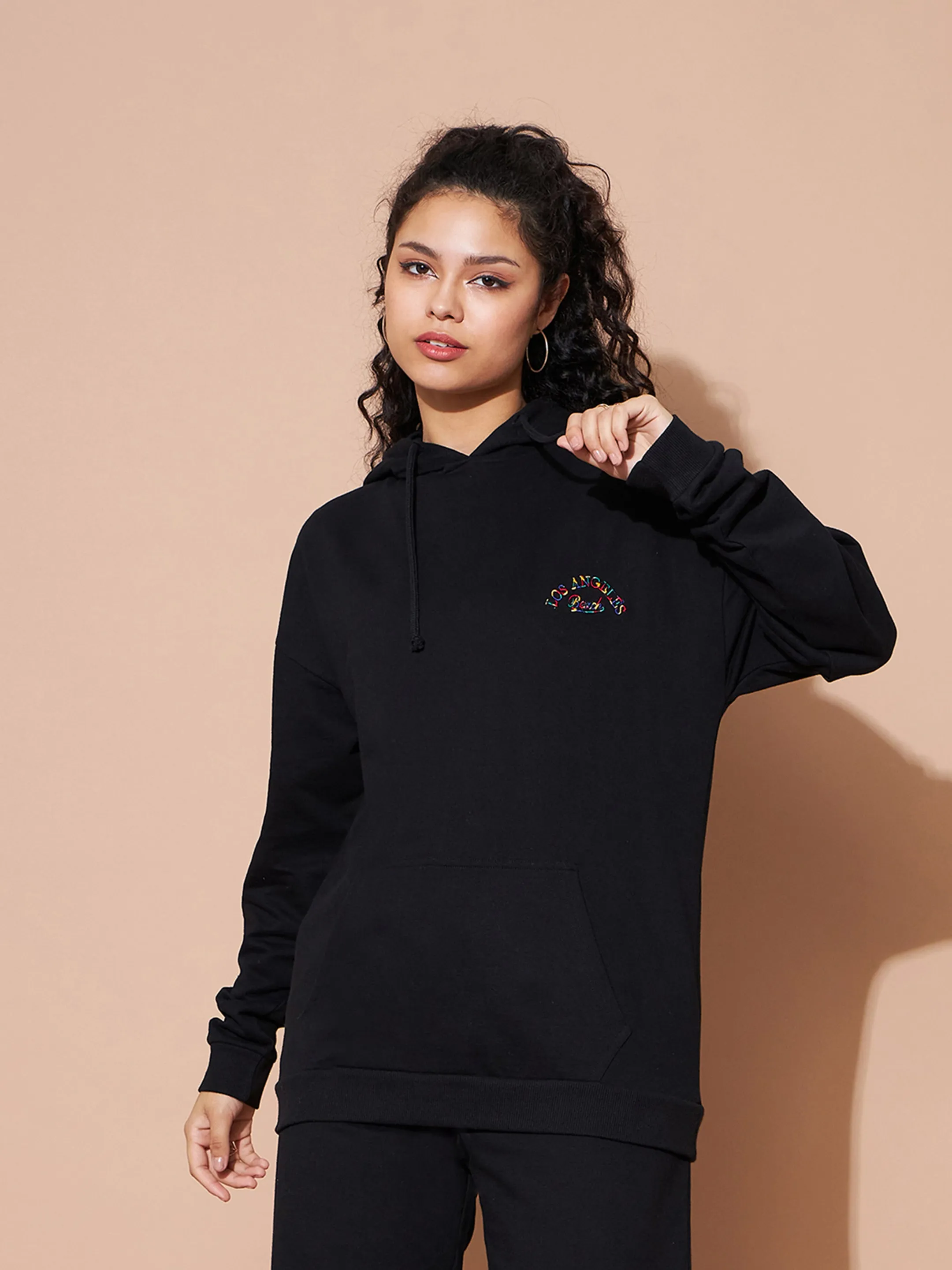 Women Black Embroidered Oversized Hoodie With Track Pants