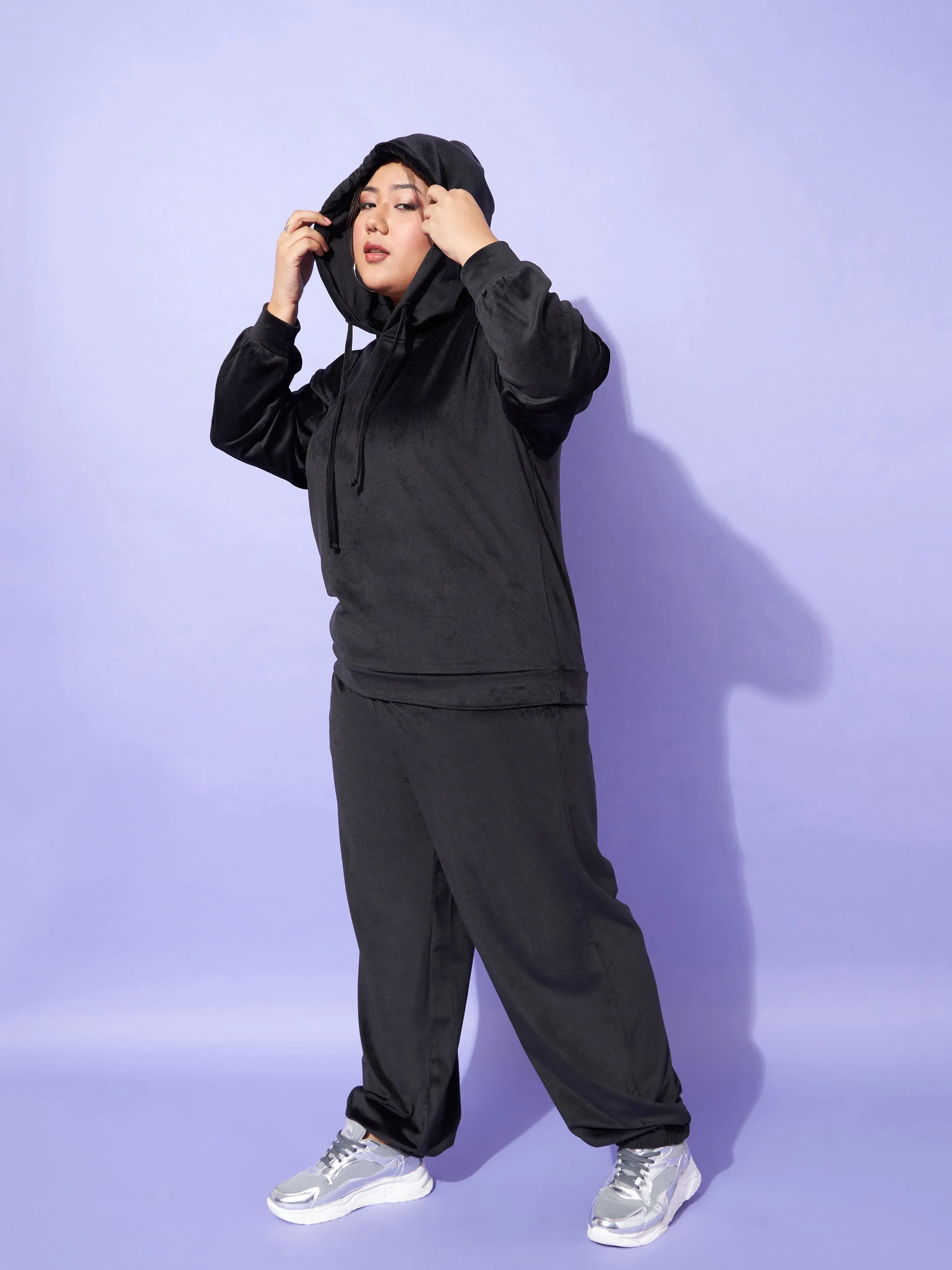 Women Black Velour Hoodie With Joggers