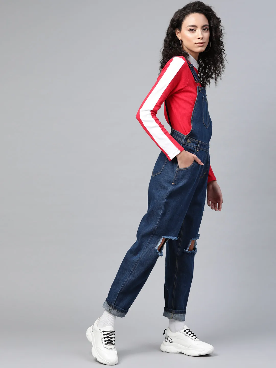 Women Blue Vintage Distress Dungaree