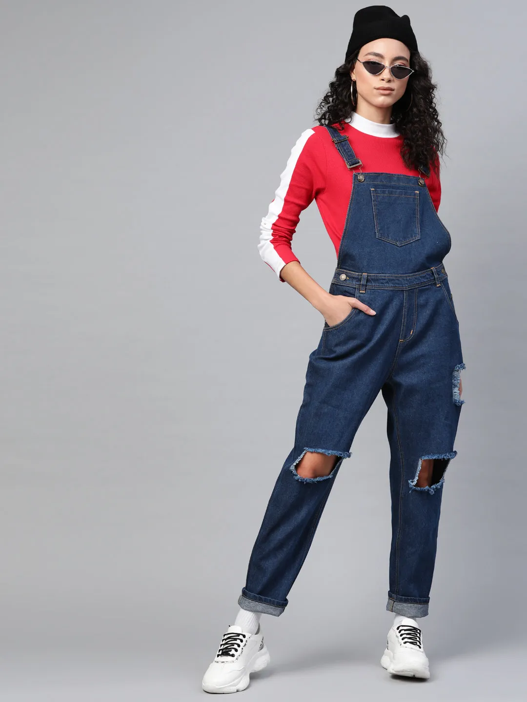 Women Blue Vintage Distress Dungaree