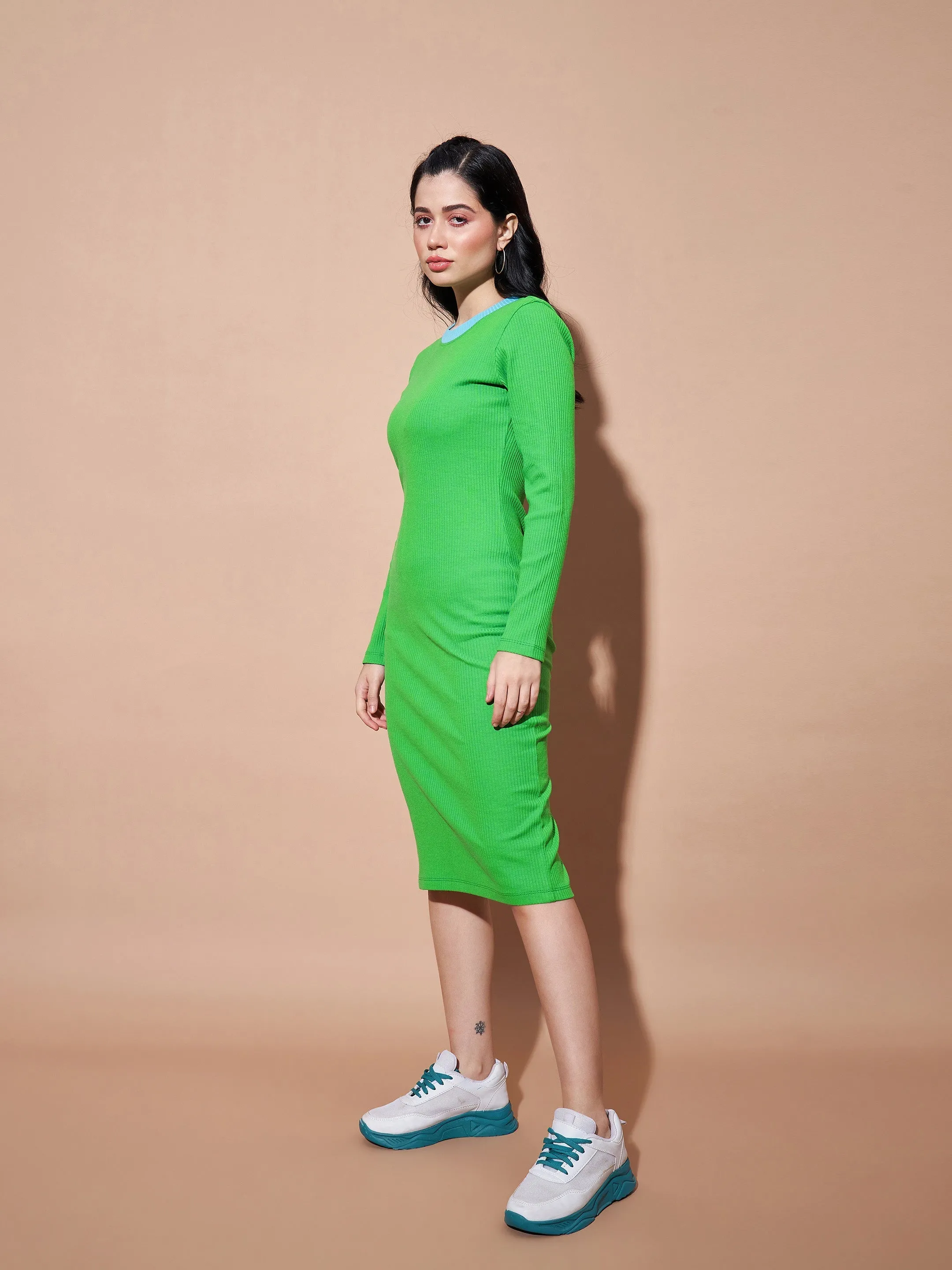 Women Green Contrast Rib Bodycon Rib Dress