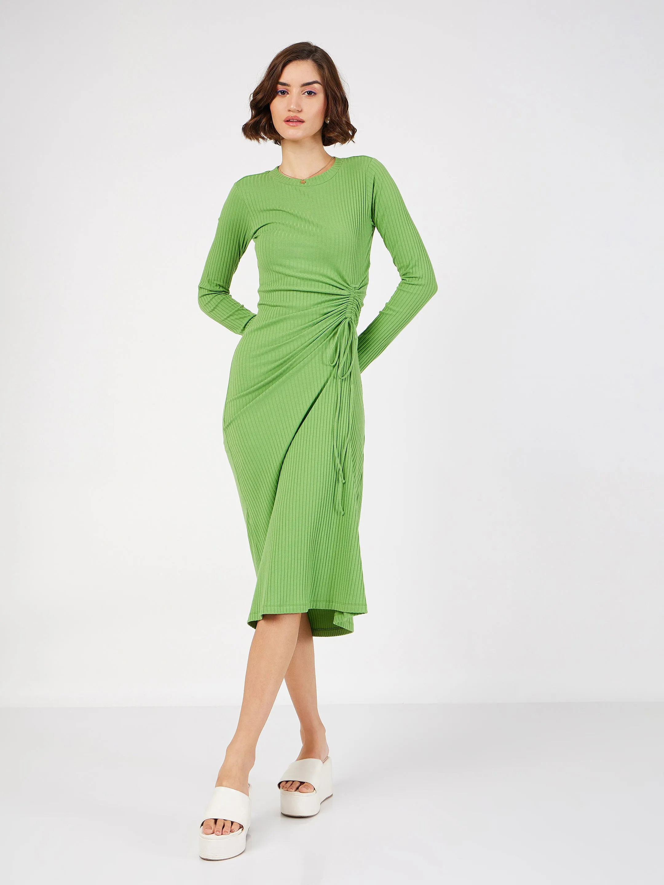 Women Green Rib Side Ruched Bodycon Midi Dress