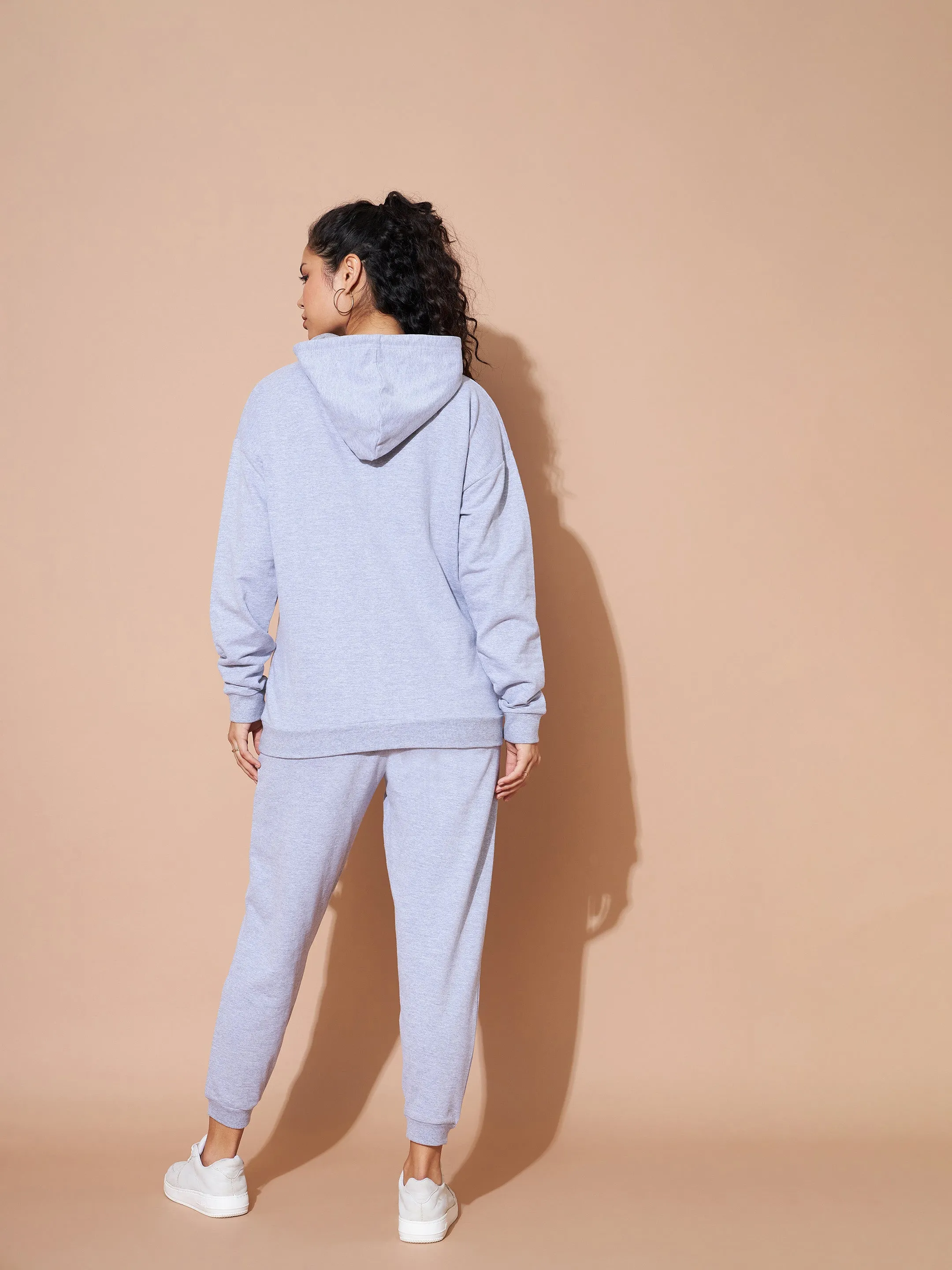 Women Grey Embroidered Oversized Hoodie With Track Pants