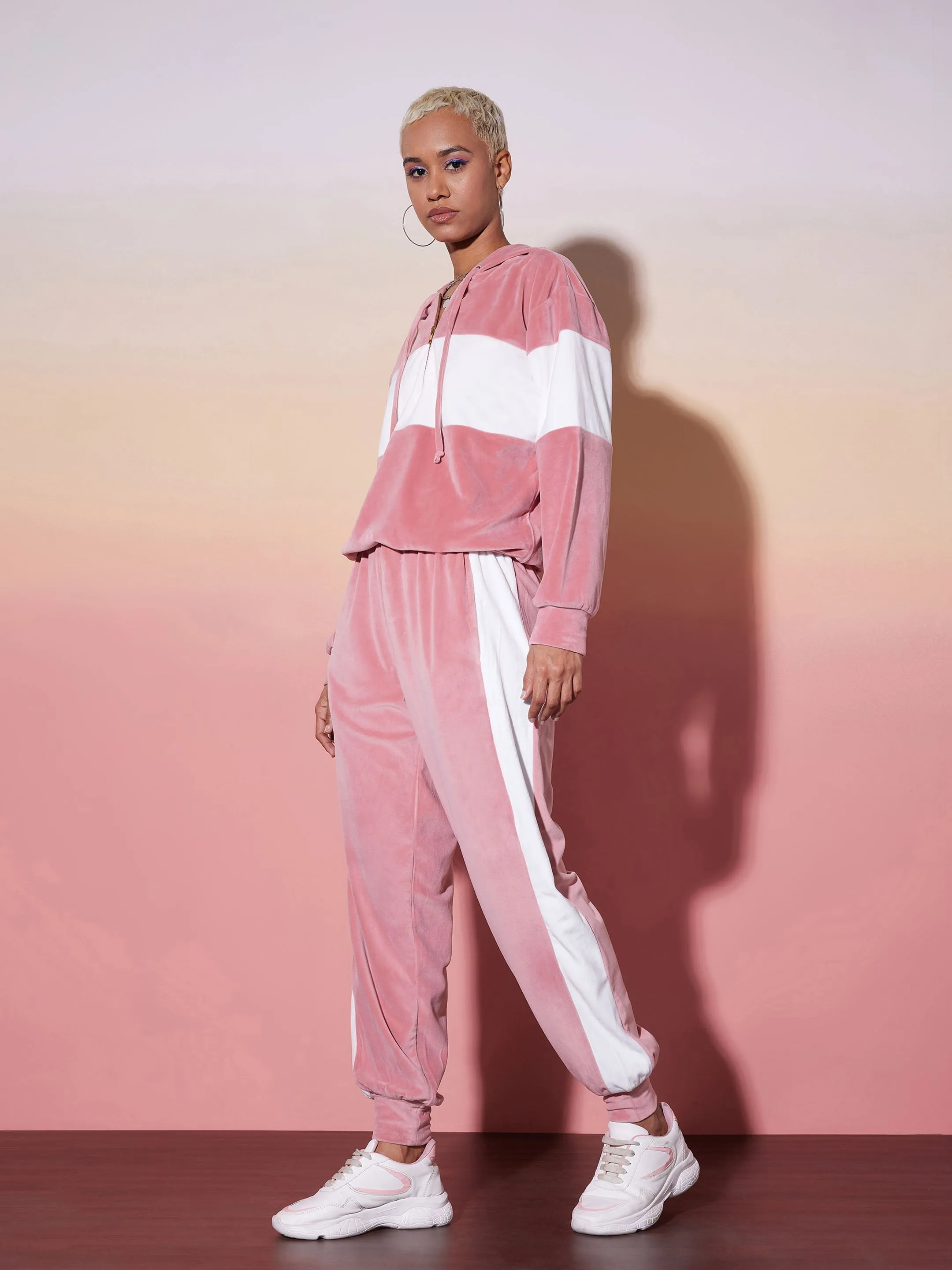 Women Pink & White Velour Hoodie With Jogger