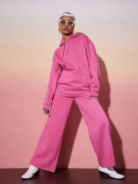 Women Pink Oversize Hooded Sweatshirt Wide Leg Pants