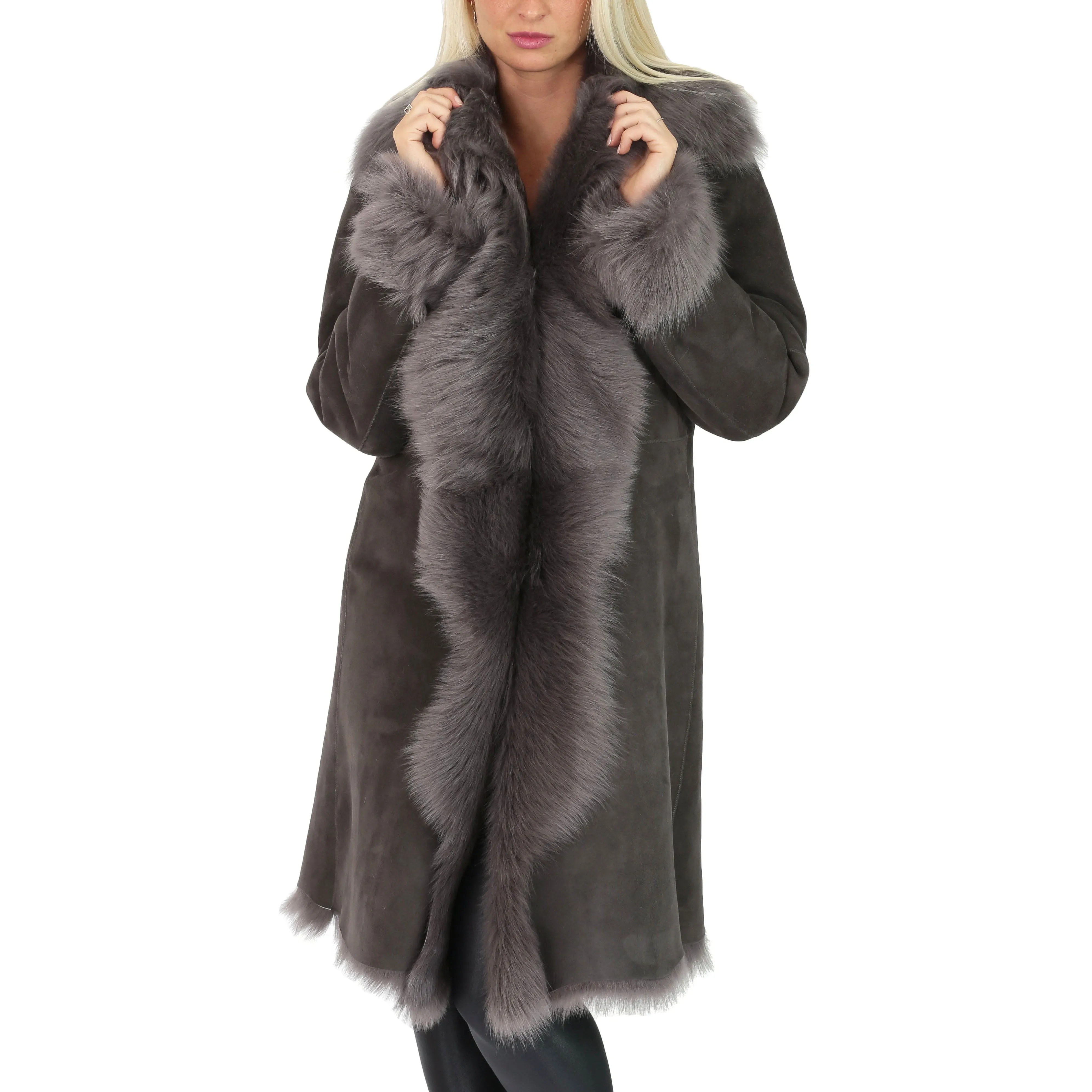 Womens 3/4 Length Toscana Shearling Luxury Coat Grey