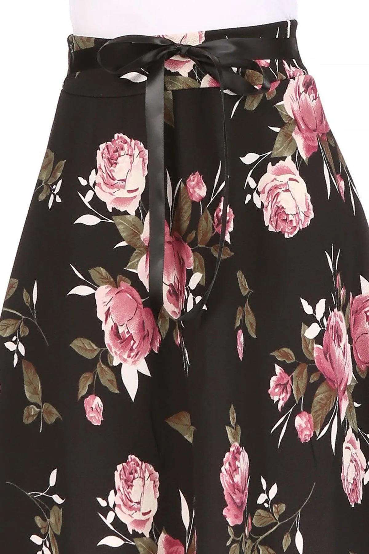 Women's Casual Floral Printed A Line High Waist Ribbon Belted Knee Length Midi Skirt