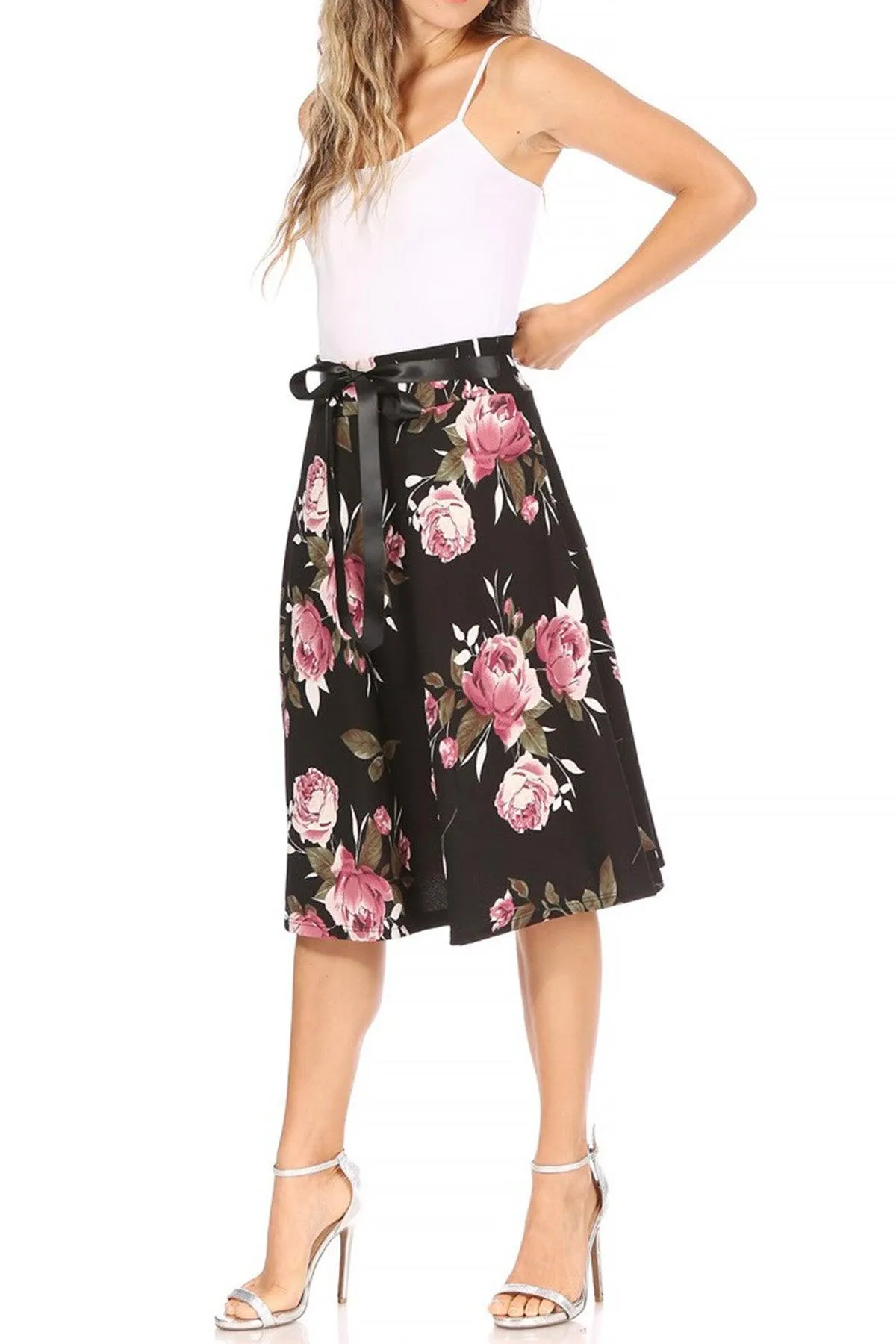 Women's Casual Floral Printed A Line High Waist Ribbon Belted Knee Length Midi Skirt