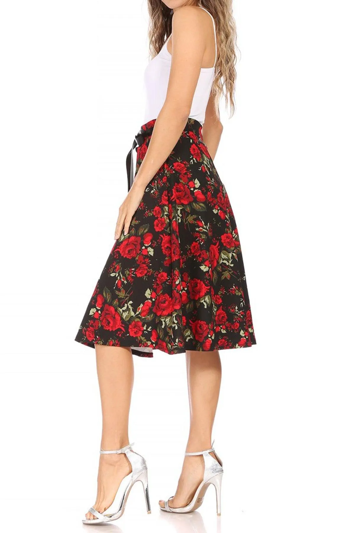 Women's Casual Floral Printed A Line High Waist Ribbon Belted Knee Length Midi Skirt