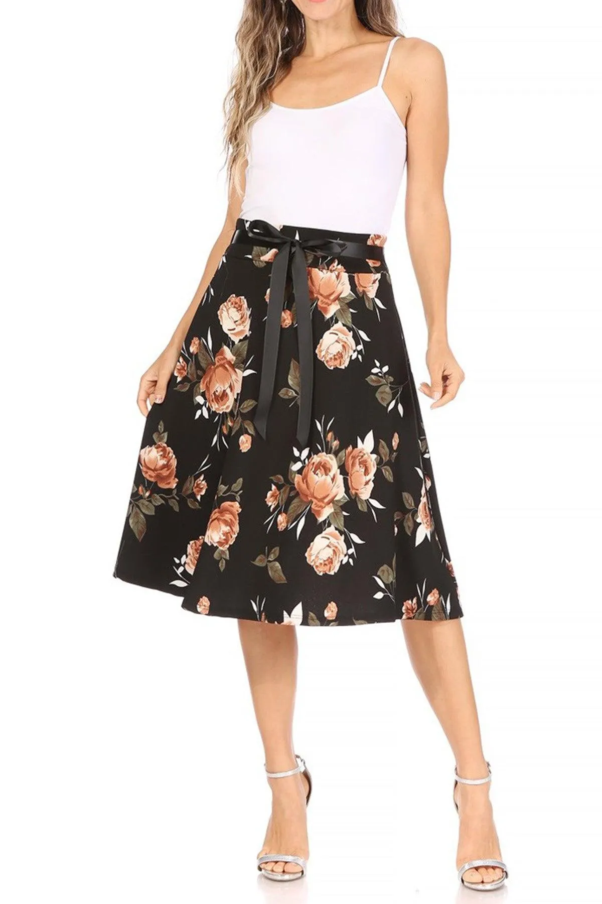 Women's Casual Floral Printed A Line High Waist Ribbon Belted Knee Length Midi Skirt