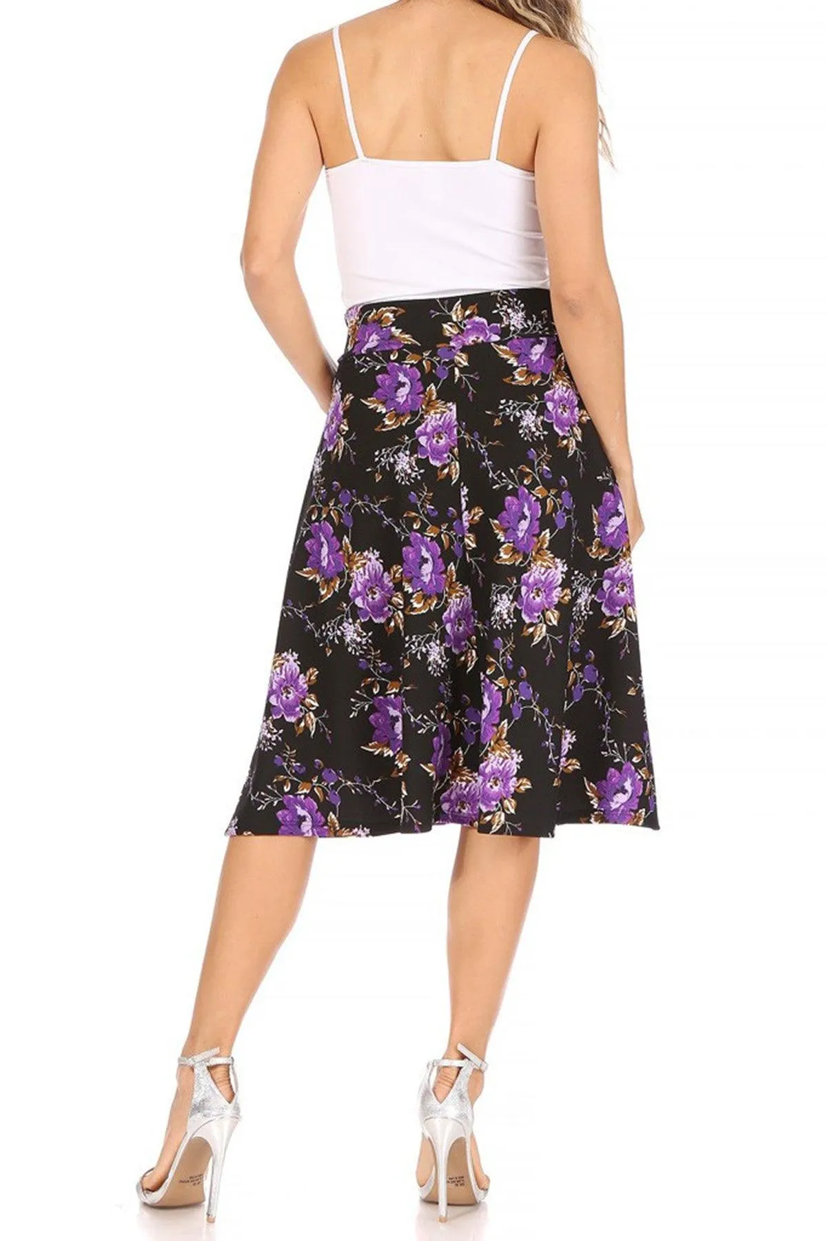 Women's Casual Floral Printed A Line High Waist Ribbon Belted Knee Length Midi Skirt