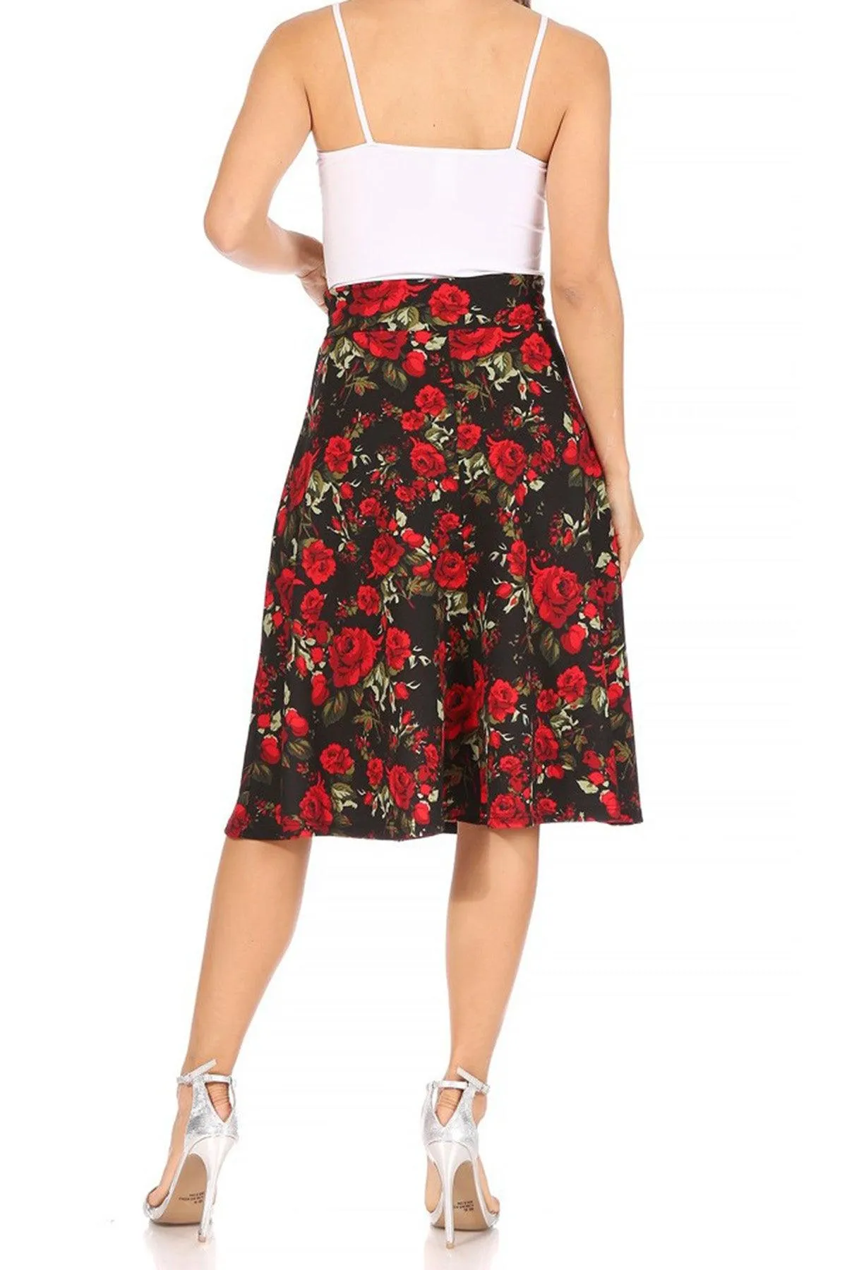 Women's Casual Floral Printed A Line High Waist Ribbon Belted Knee Length Midi Skirt