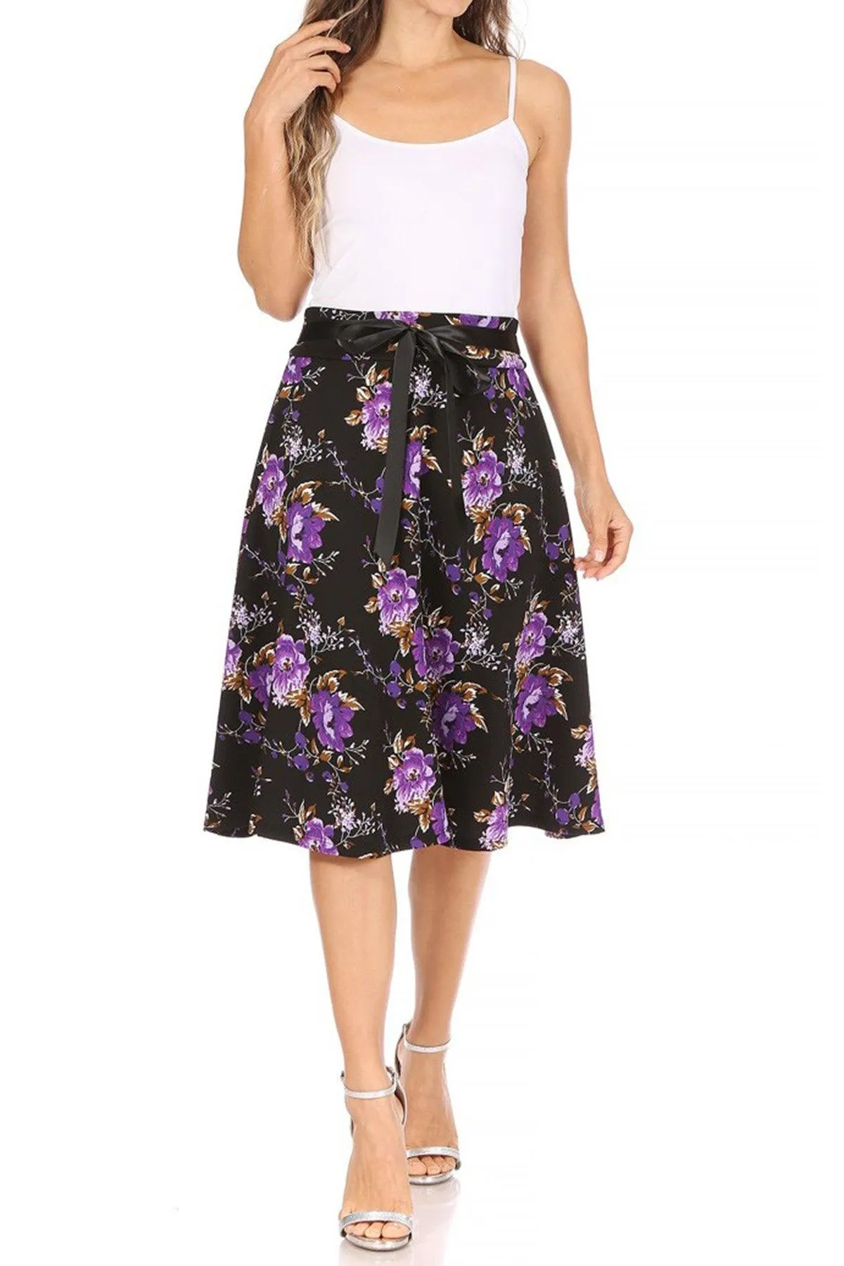 Women's Casual Floral Printed A Line High Waist Ribbon Belted Knee Length Midi Skirt