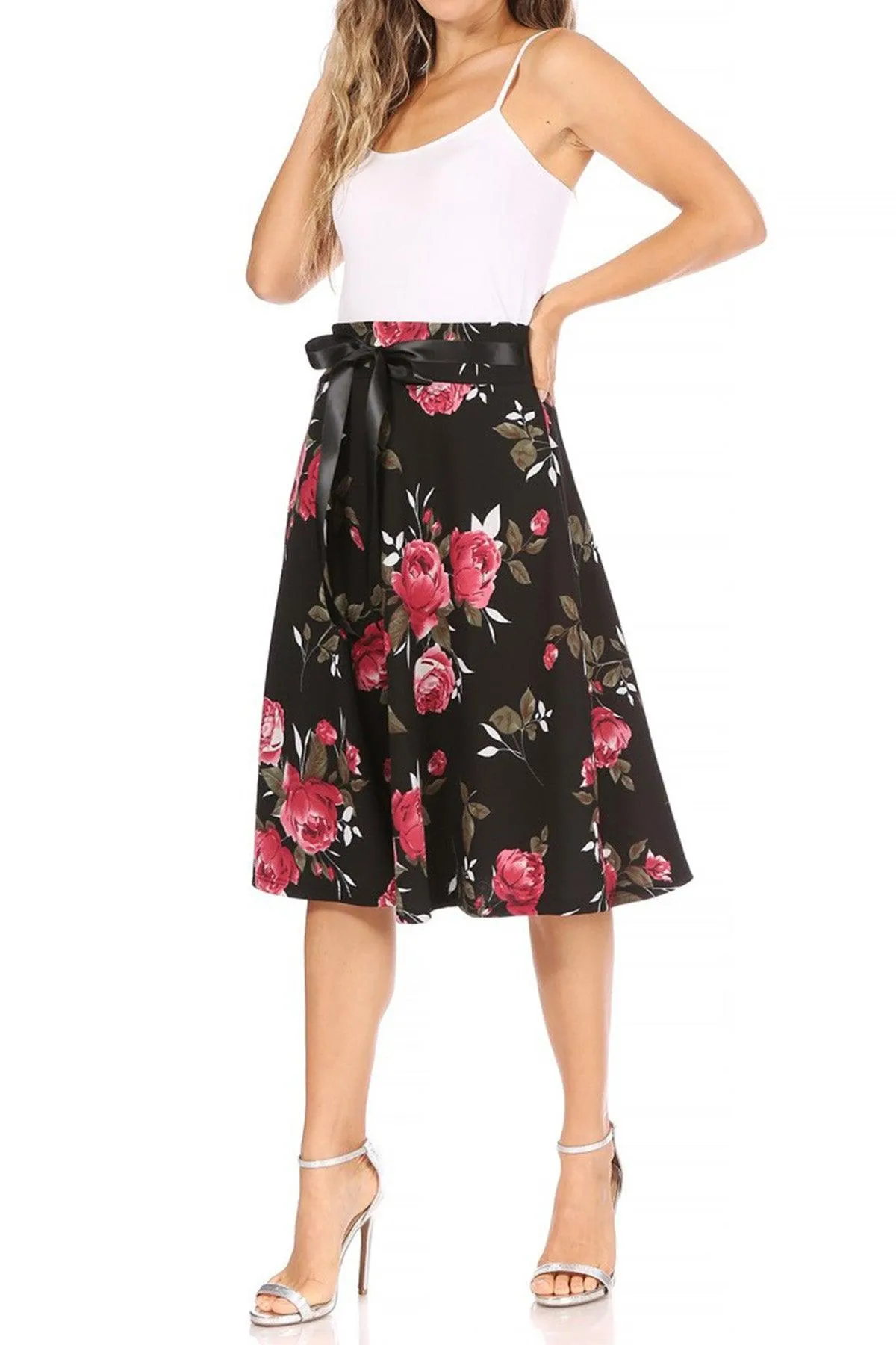 Women's Casual Floral Printed A Line High Waist Ribbon Belted Knee Length Midi Skirt