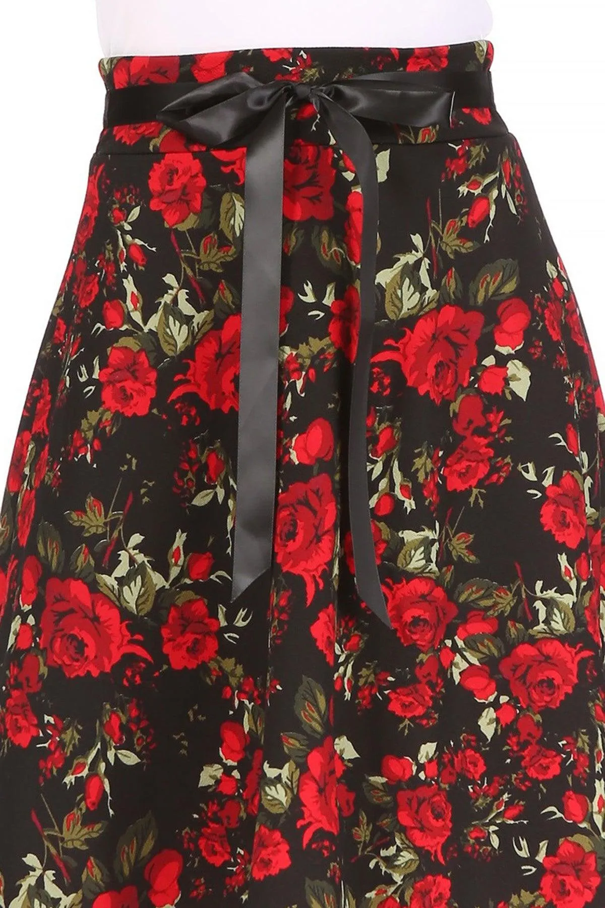 Women's Casual Floral Printed A Line High Waist Ribbon Belted Knee Length Midi Skirt