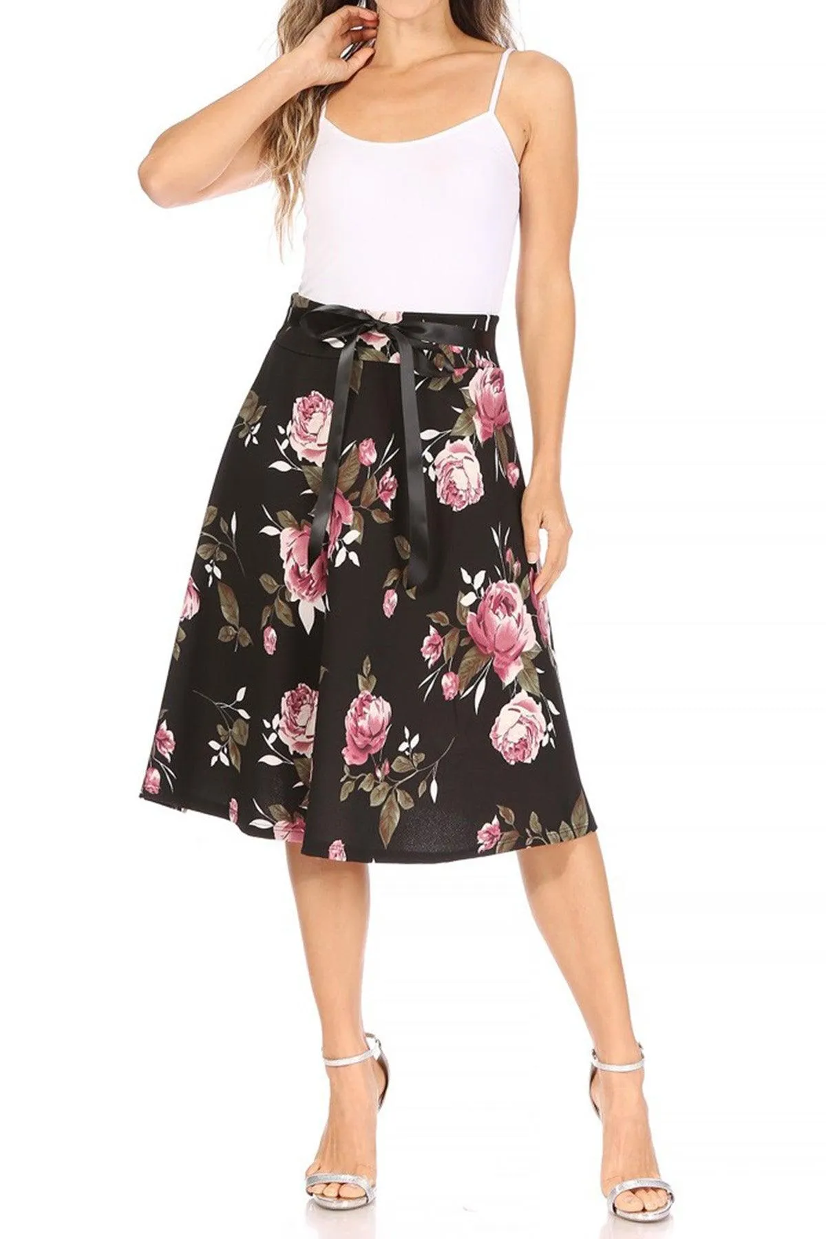 Women's Casual Floral Printed A Line High Waist Ribbon Belted Knee Length Midi Skirt