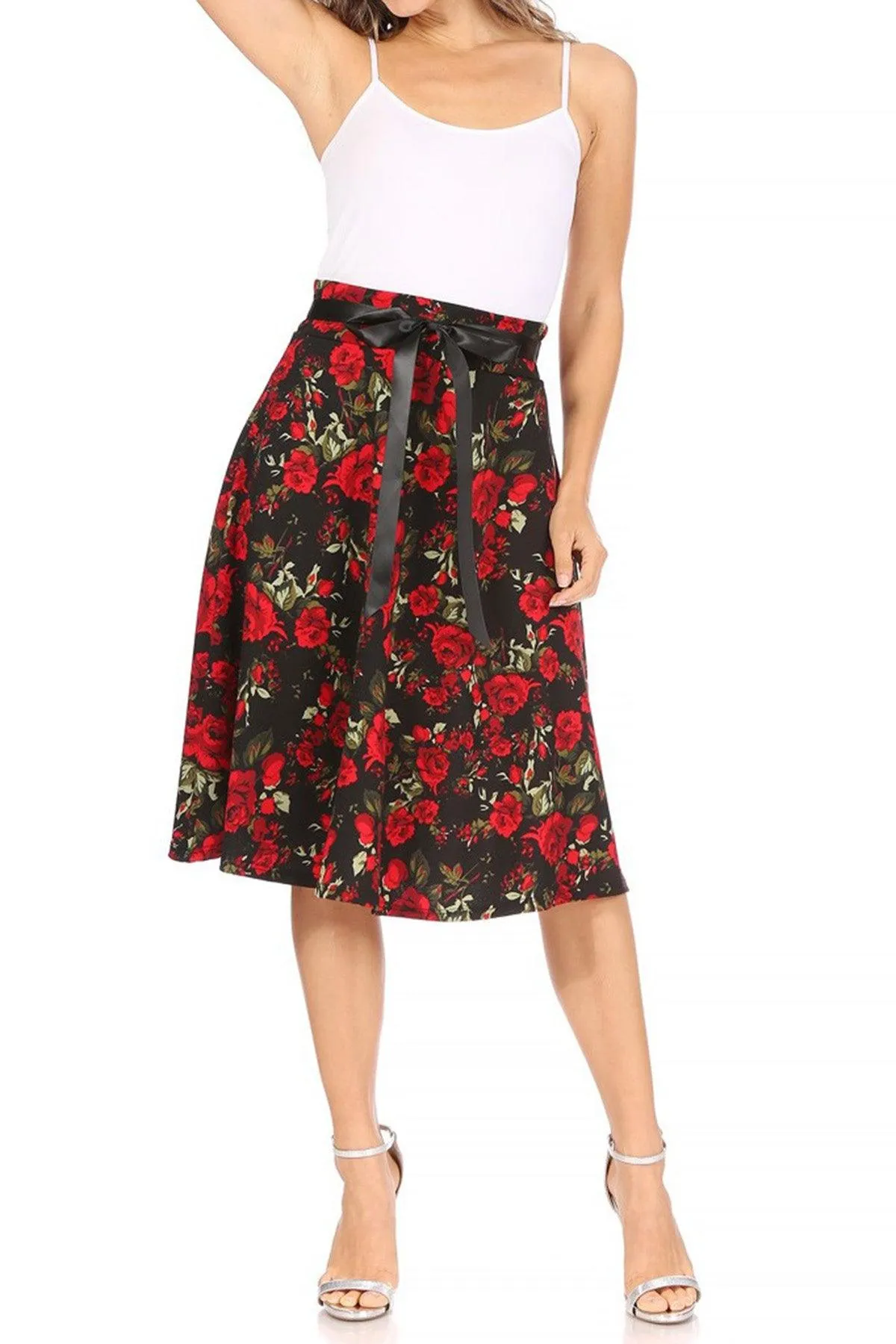 Women's Casual Floral Printed A Line High Waist Ribbon Belted Knee Length Midi Skirt