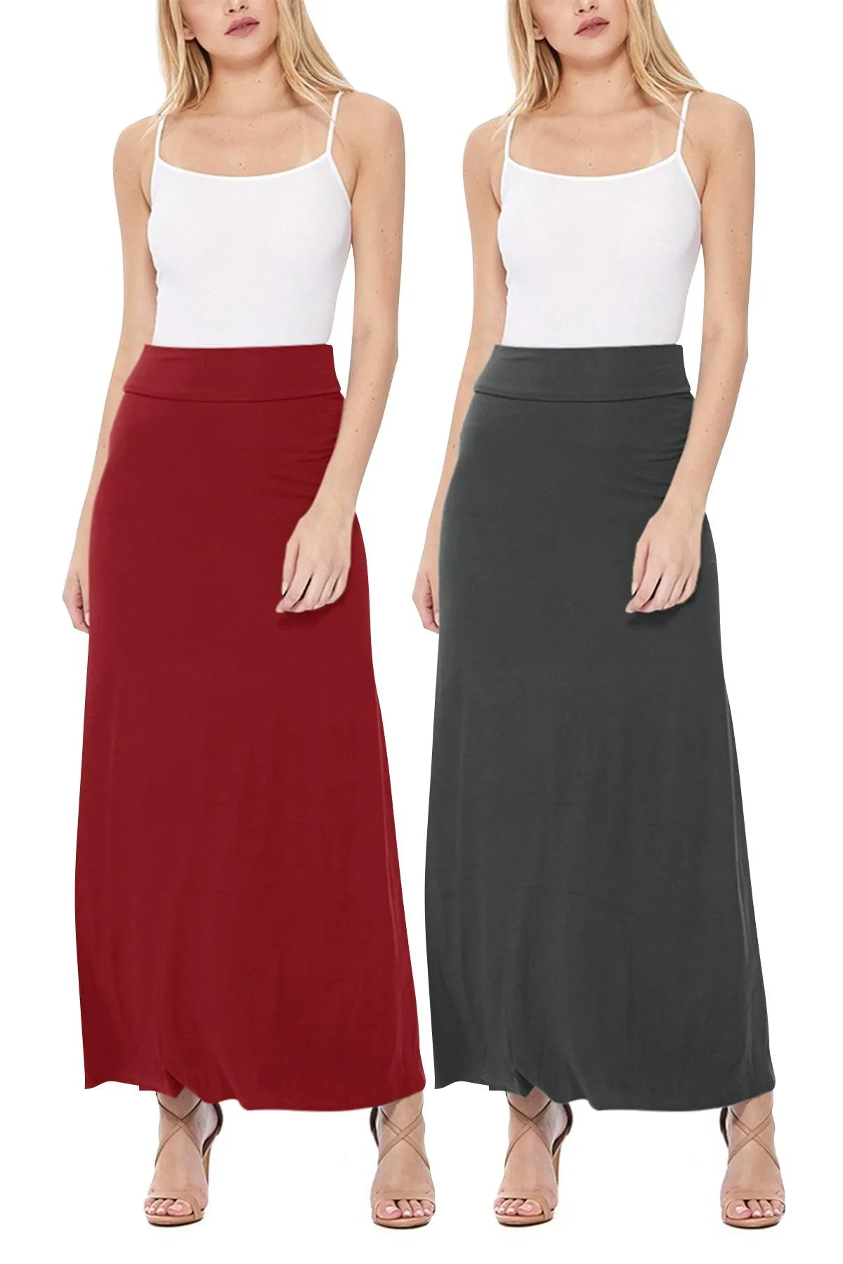 Women's Casual Foldover Waist A-Line Loose Fit Lounge Maxi Long Skirt S-3XL (Pack of 2)