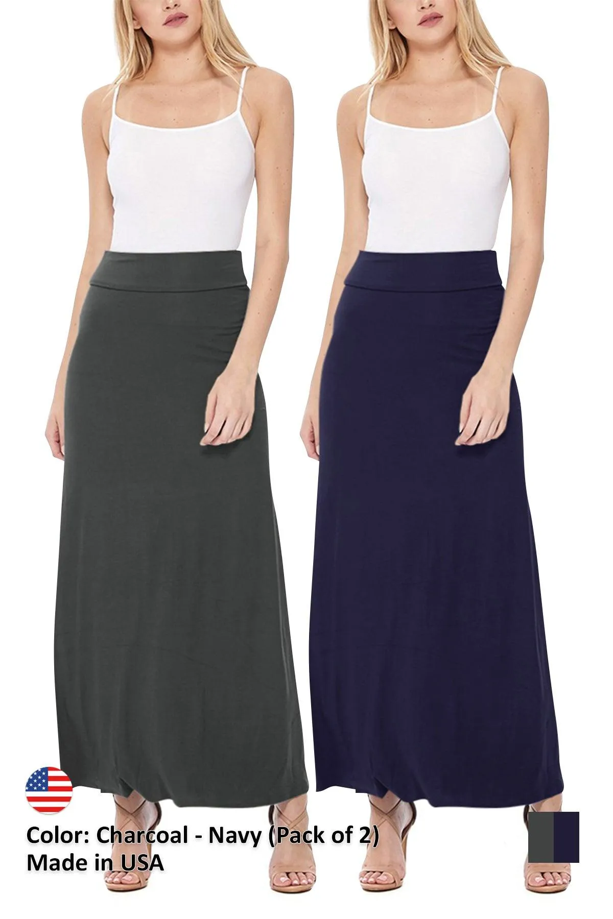 Women's Casual Foldover Waist A-Line Loose Fit Lounge Maxi Long Skirt S-3XL (Pack of 2)