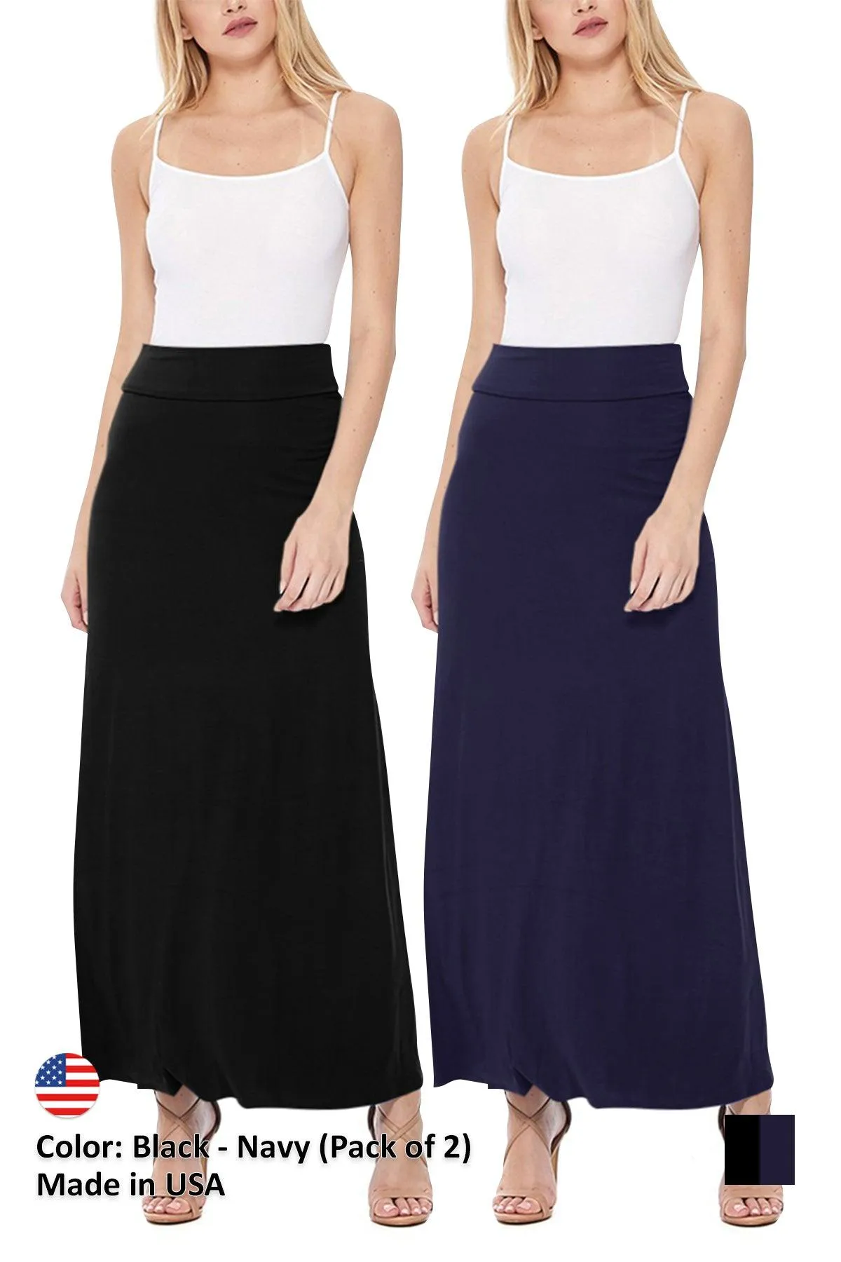 Women's Casual Foldover Waist A-Line Loose Fit Lounge Maxi Long Skirt S-3XL (Pack of 2)