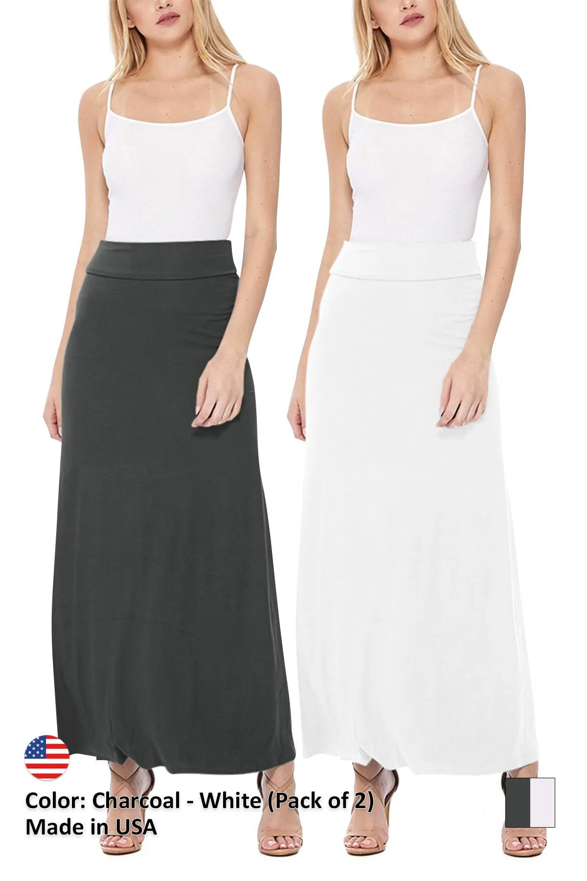 Women's Casual Foldover Waist A-Line Loose Fit Lounge Maxi Long Skirt S-3XL (Pack of 2)