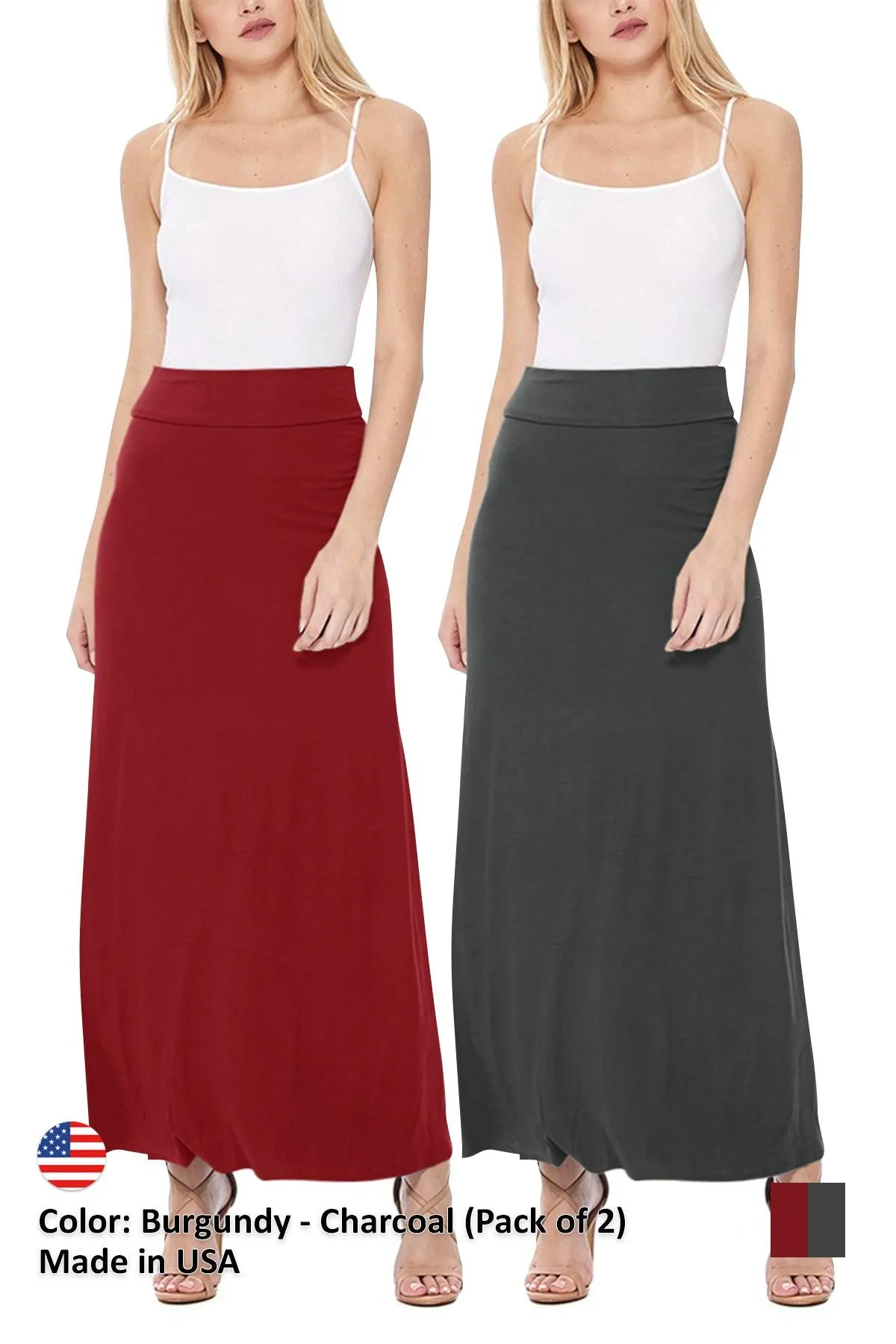 Women's Casual Foldover Waist A-Line Loose Fit Lounge Maxi Long Skirt S-3XL (Pack of 2)