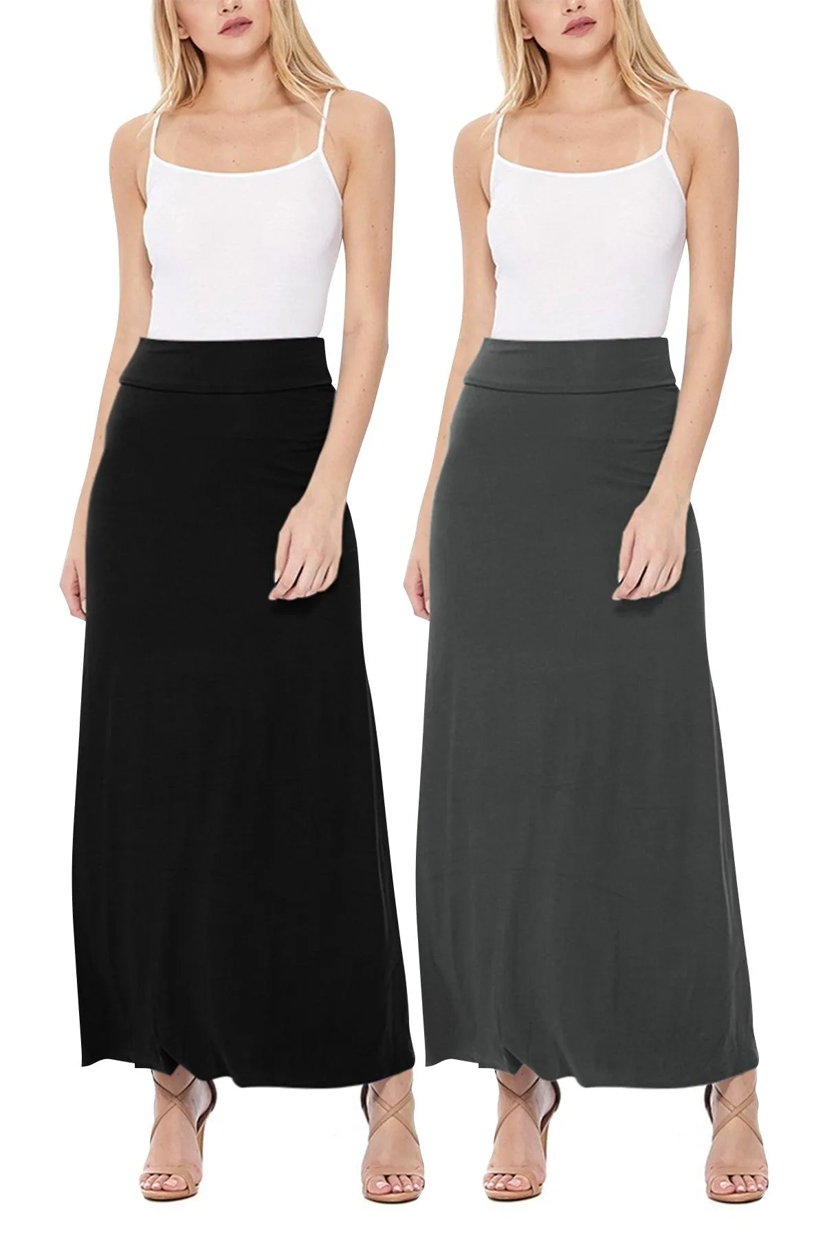 Women's Casual Foldover Waist A-Line Loose Fit Lounge Maxi Long Skirt S-3XL (Pack of 2)