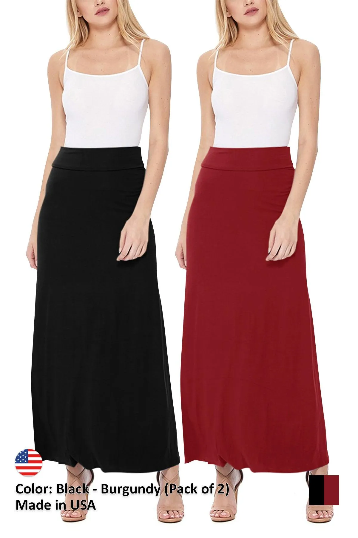 Women's Casual Foldover Waist A-Line Loose Fit Lounge Maxi Long Skirt S-3XL (Pack of 2)