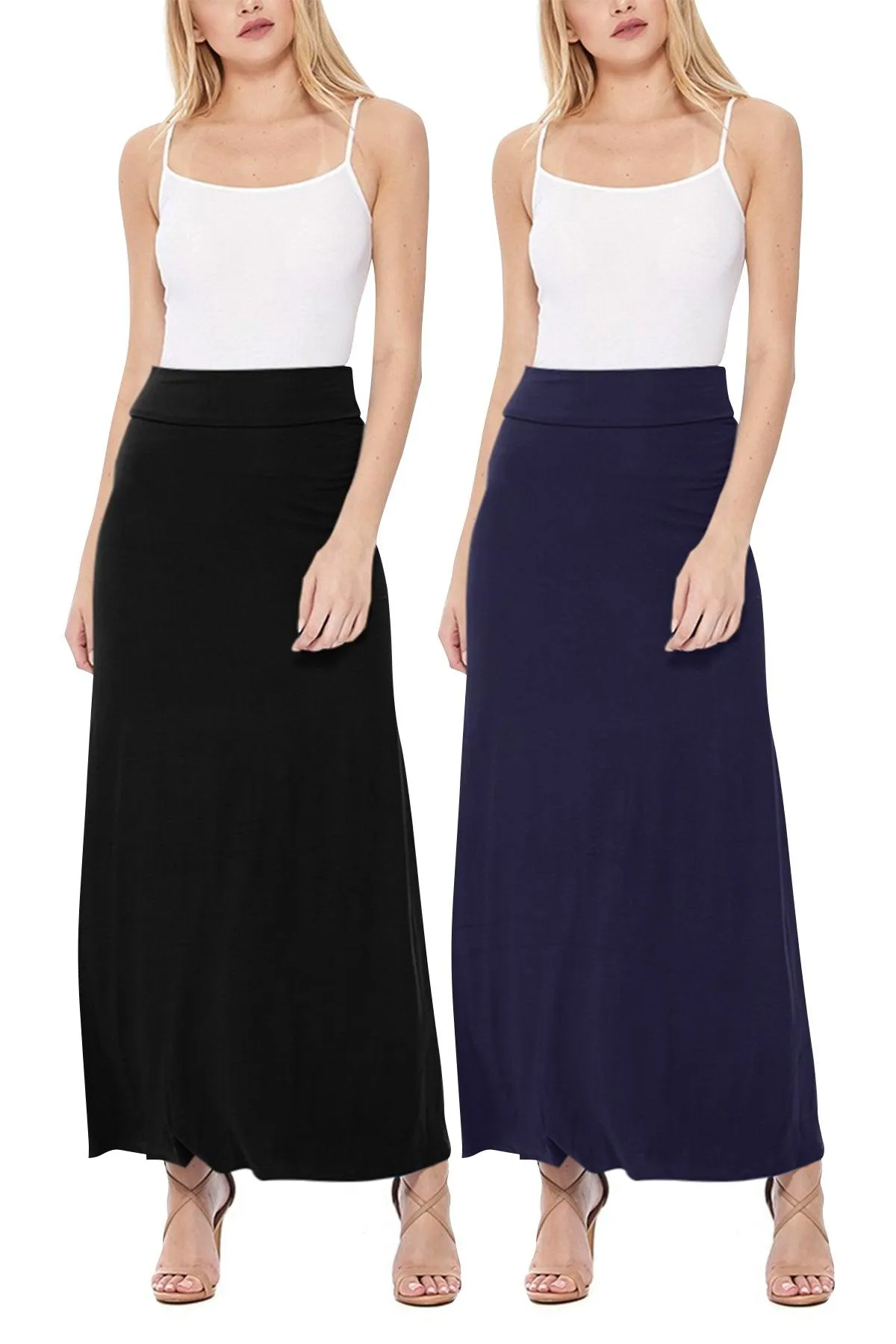 Women's Casual Foldover Waist A-Line Loose Fit Lounge Maxi Long Skirt S-3XL (Pack of 2)