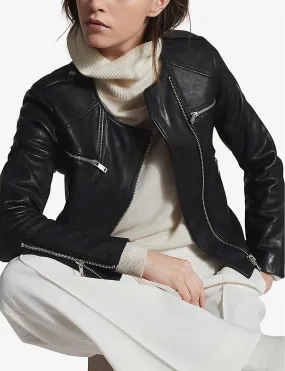 Women’s Crew Neck Black Leather Jacket