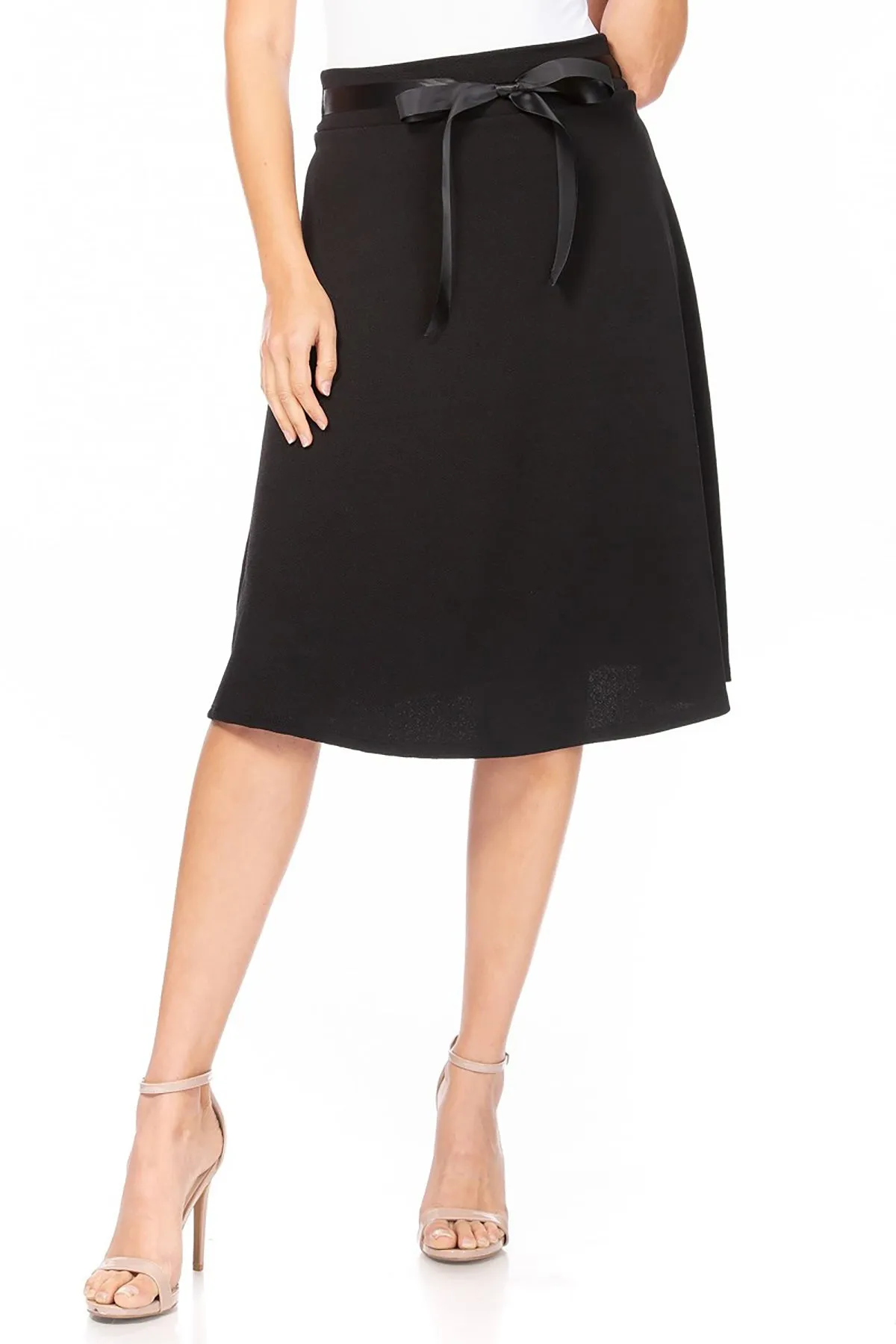 Women's Elegant A-Line Midi Skirt - High Waist with Bow Tie Detail