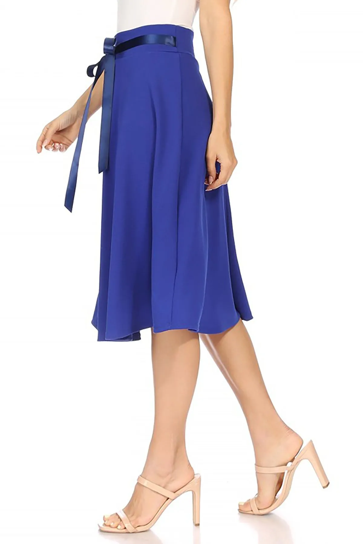 Women's Elegant A-Line Midi Skirt - High Waist with Bow Tie Detail