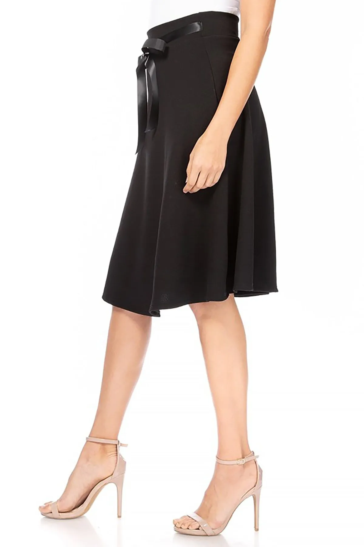 Women's Elegant A-Line Midi Skirt - High Waist with Bow Tie Detail