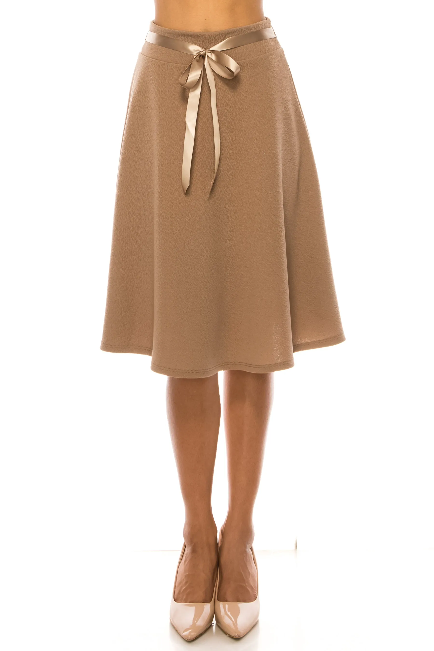 Women's Elegant A-Line Midi Skirt - High Waist with Bow Tie Detail