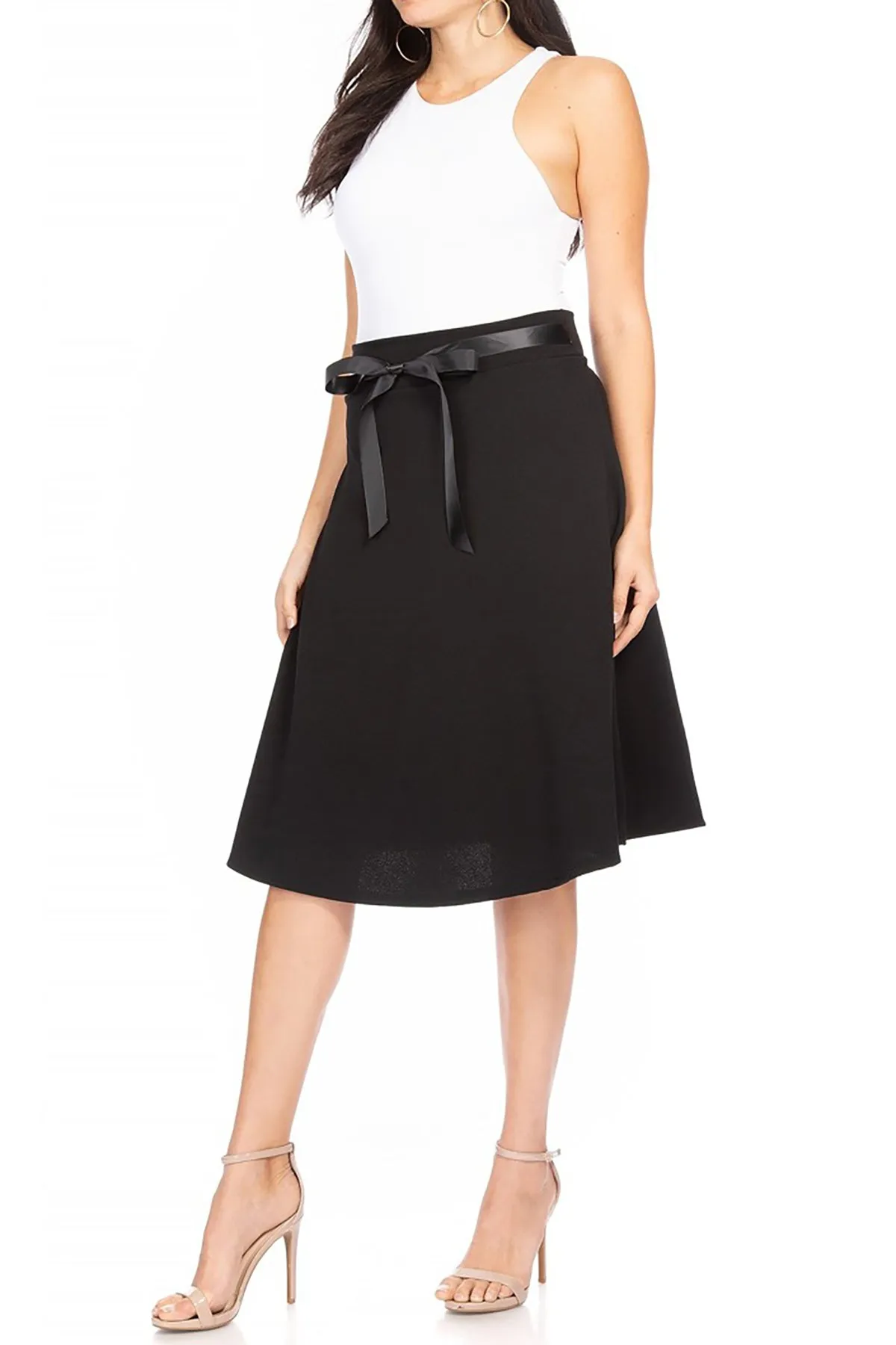 Women's Elegant A-Line Midi Skirt - High Waist with Bow Tie Detail